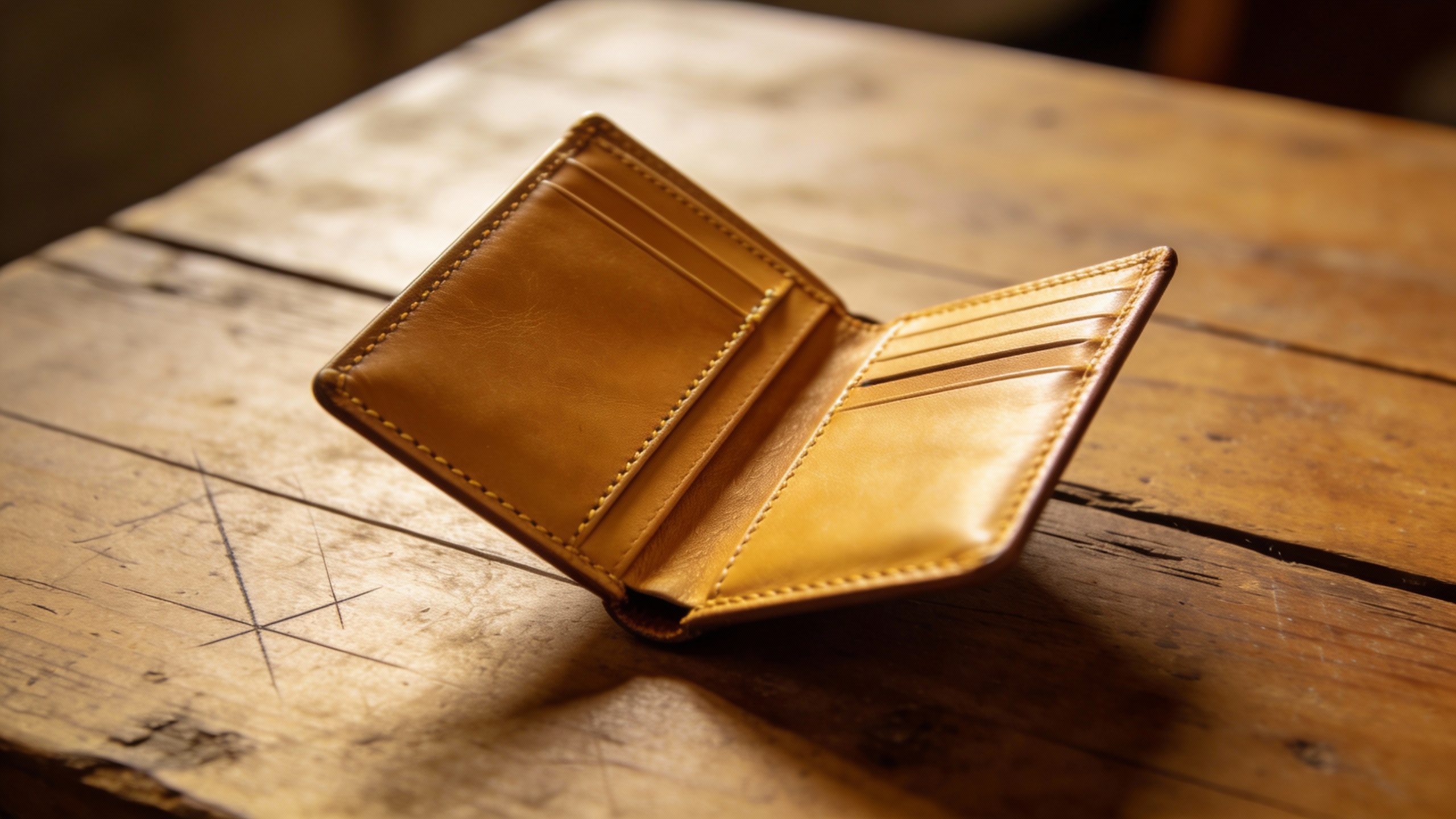 **Empty wallet open on a wooden table** Each prompt focuses on one key element from the article while keeping it simple and visually compelling for professional photography.