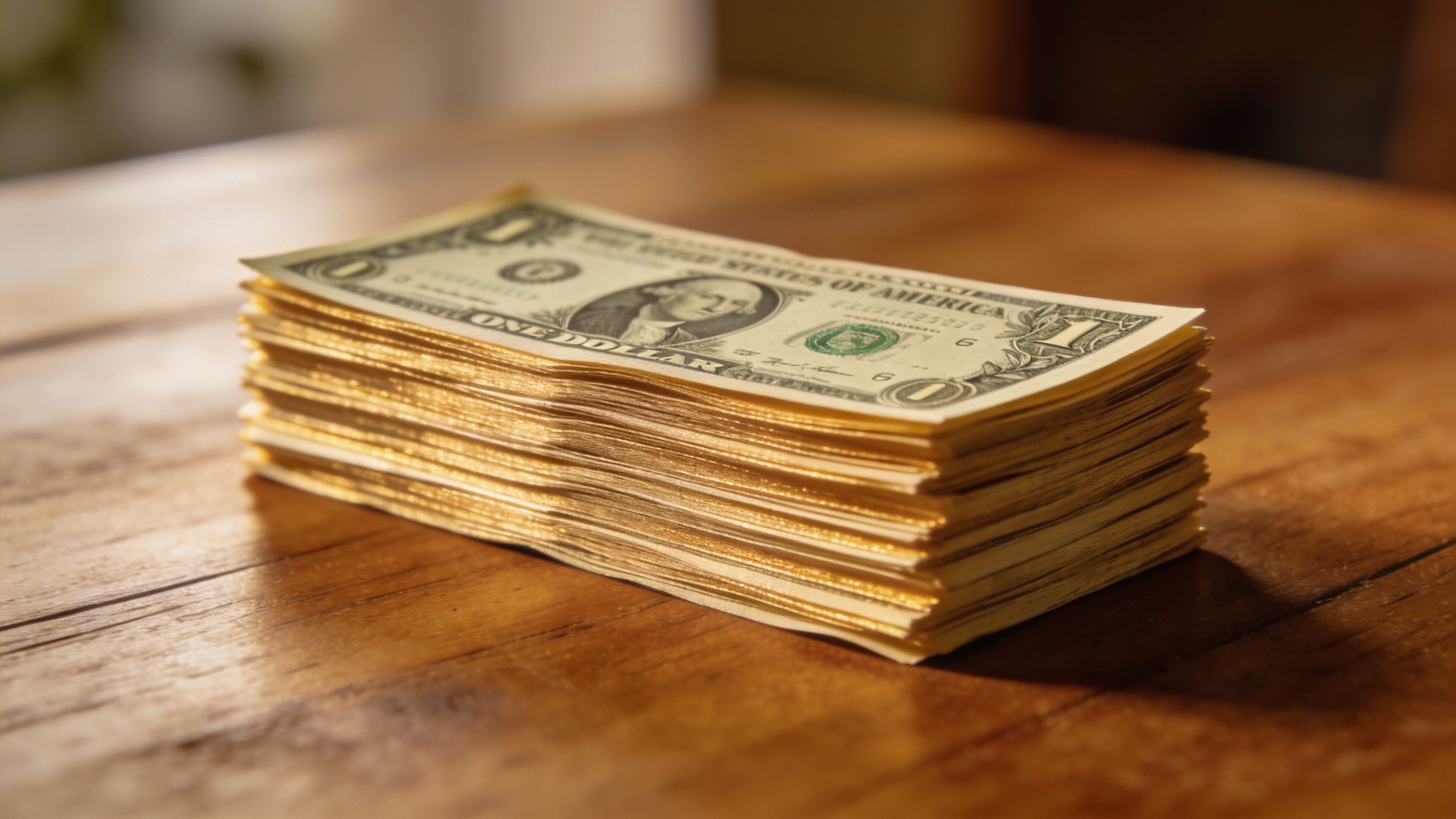 **Neat stack of $1 bills on a wooden table**