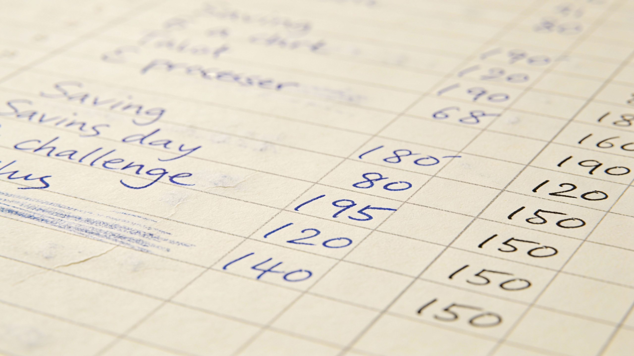 **Closeup of a handwritten savings challenge spreadsheet**