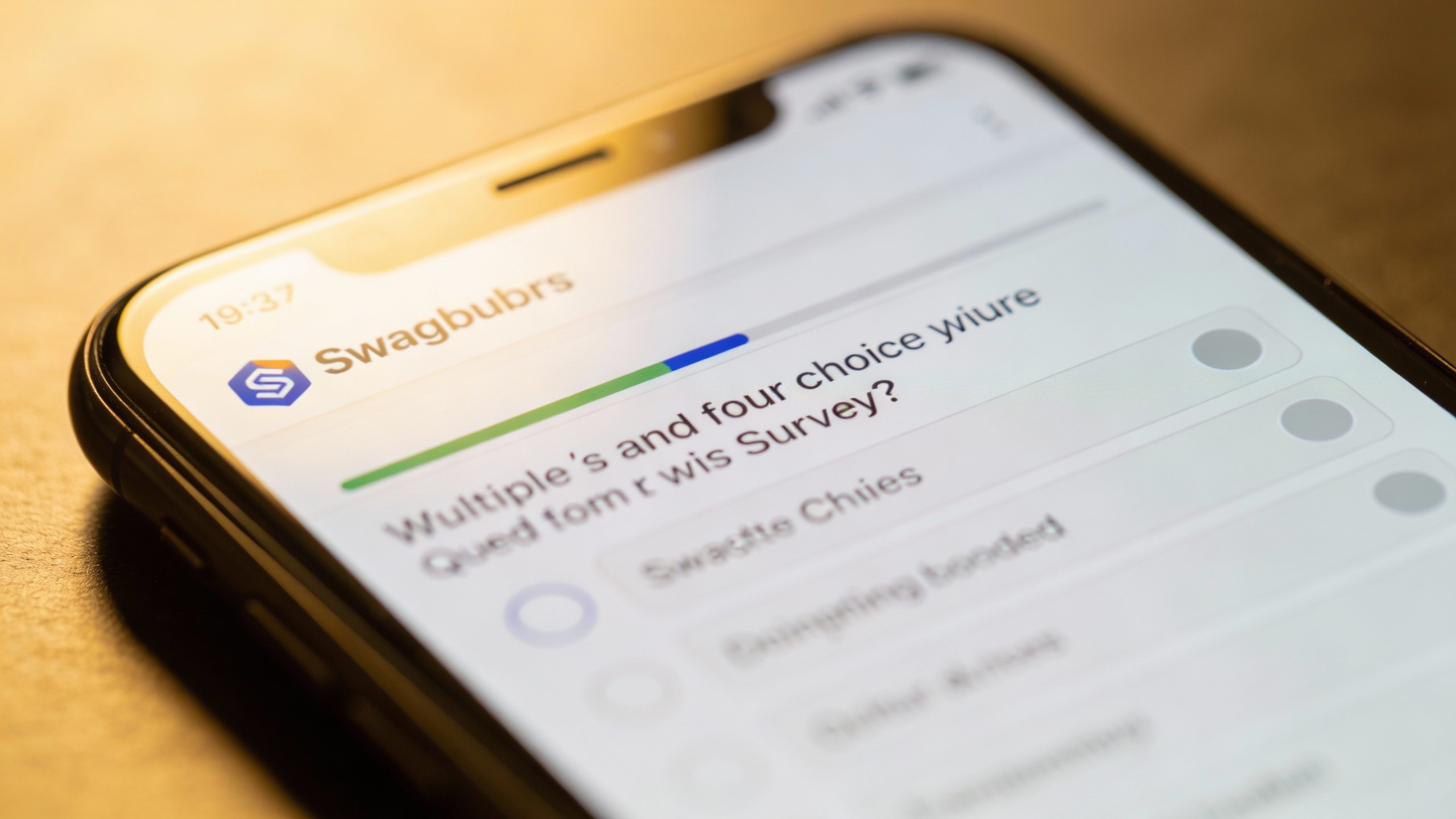 **Closeup of smartphone screen showing Swagbucks survey**
