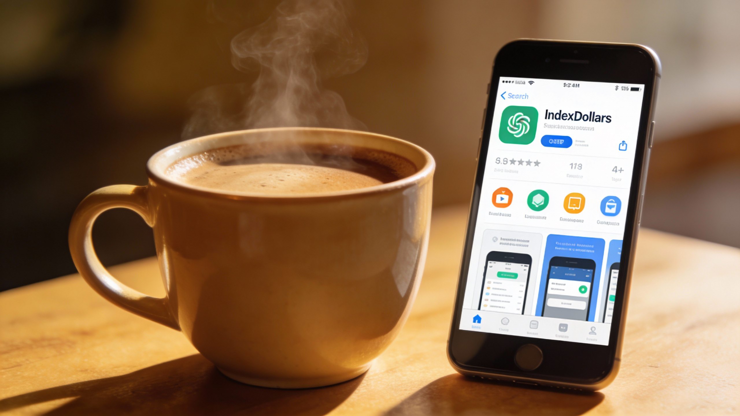 **Closeup of coffee cup beside InboxDollars app open on phone**
