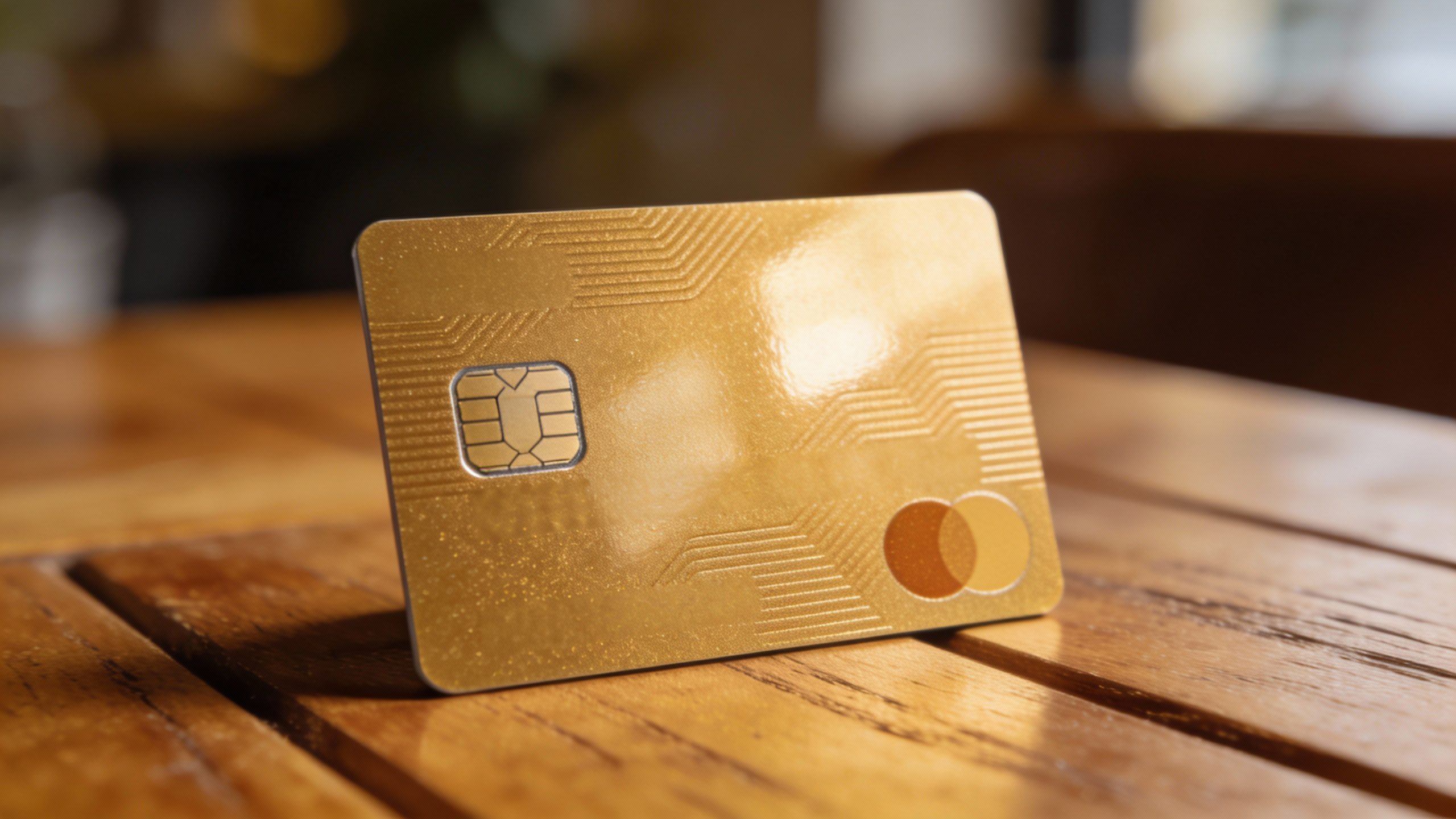**Closeup of a shared bank debit card on a wooden table**