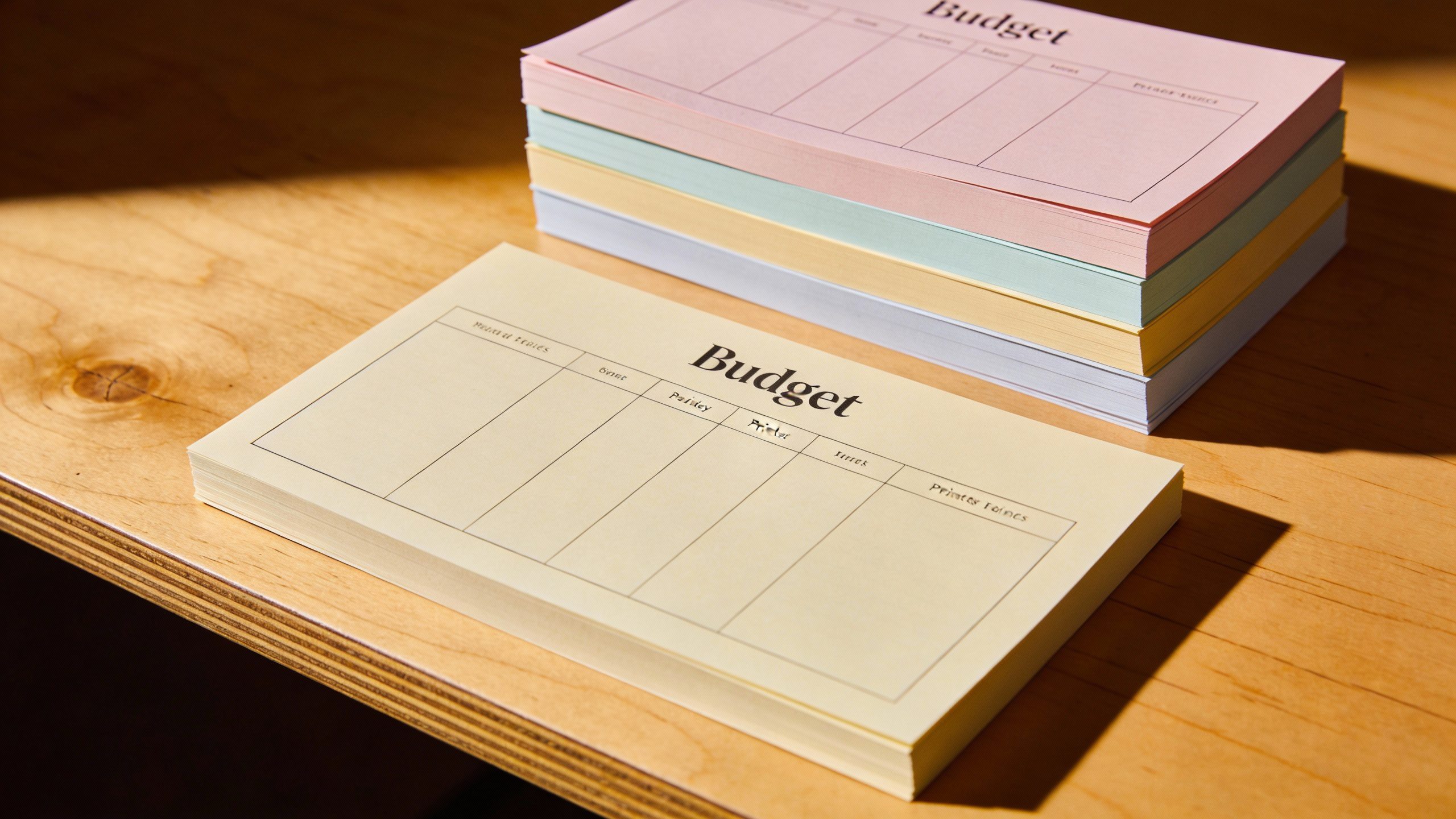 **Neatly stacked pastel-colored budget printables on a wooden desk**