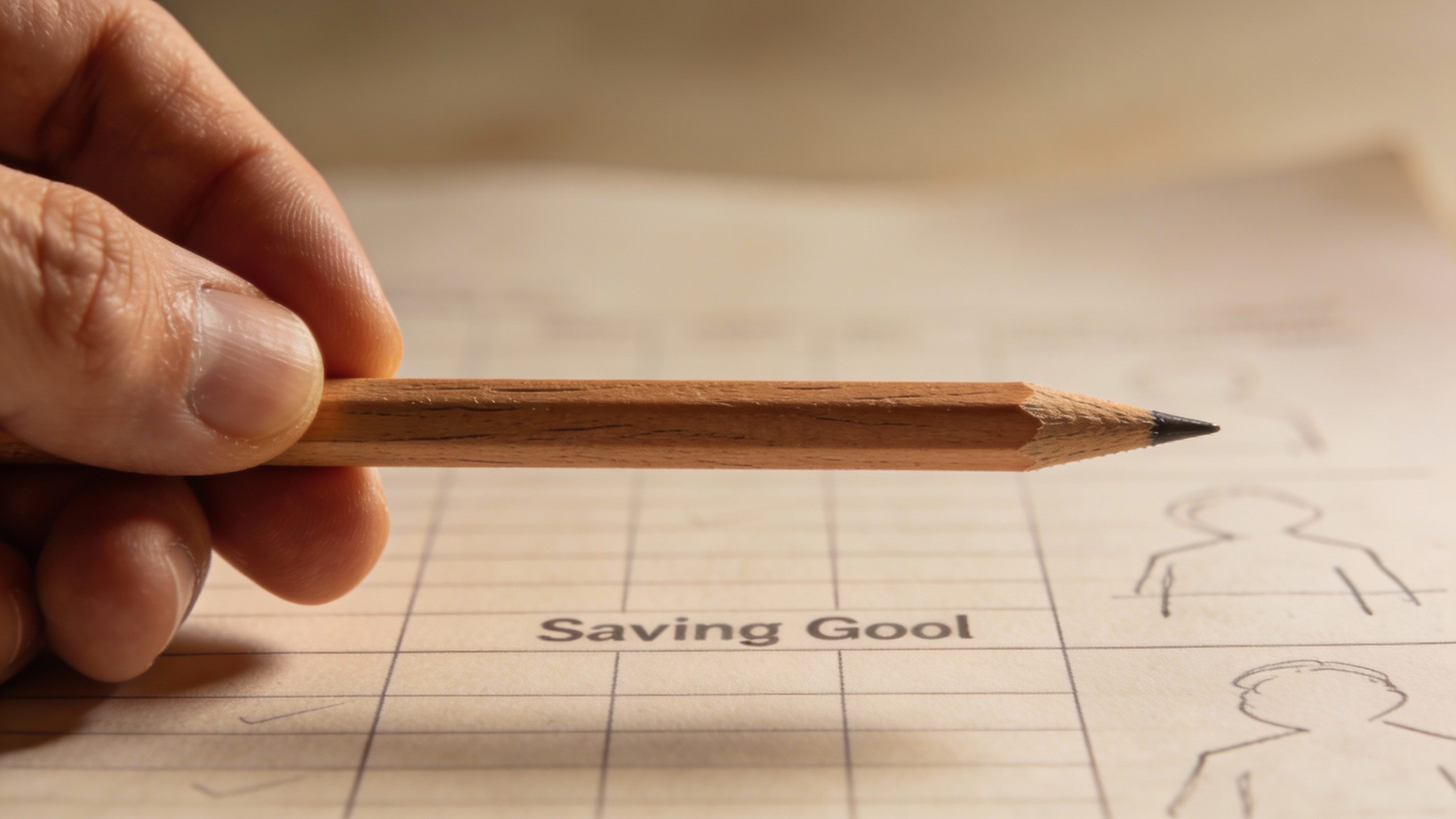 **Closeup of a hand holding a pencil over a savings goal worksheet**