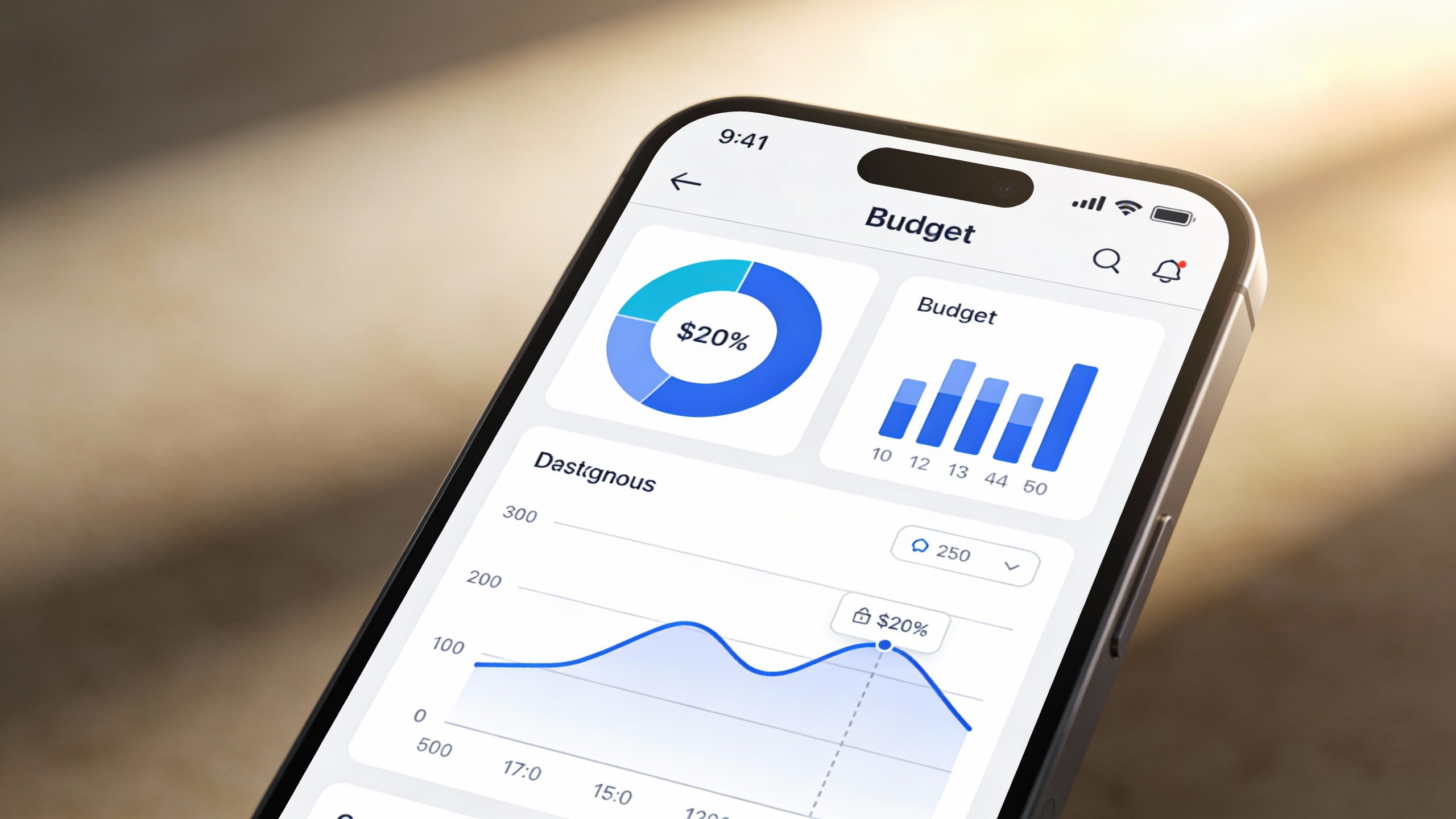 **Closeup of smartphone displaying a budget app dashboard**