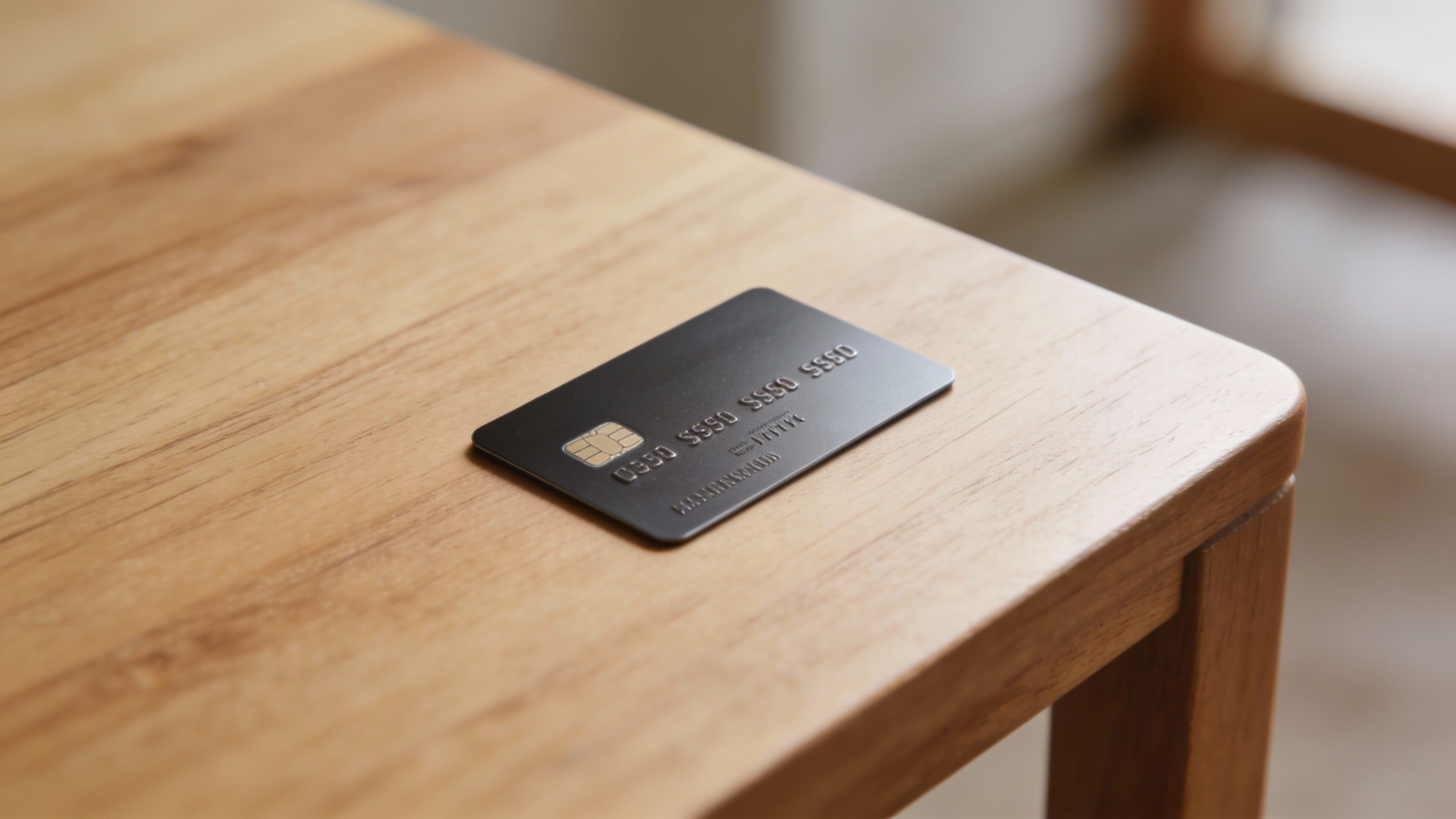**Isolated credit card on minimalist wooden table**