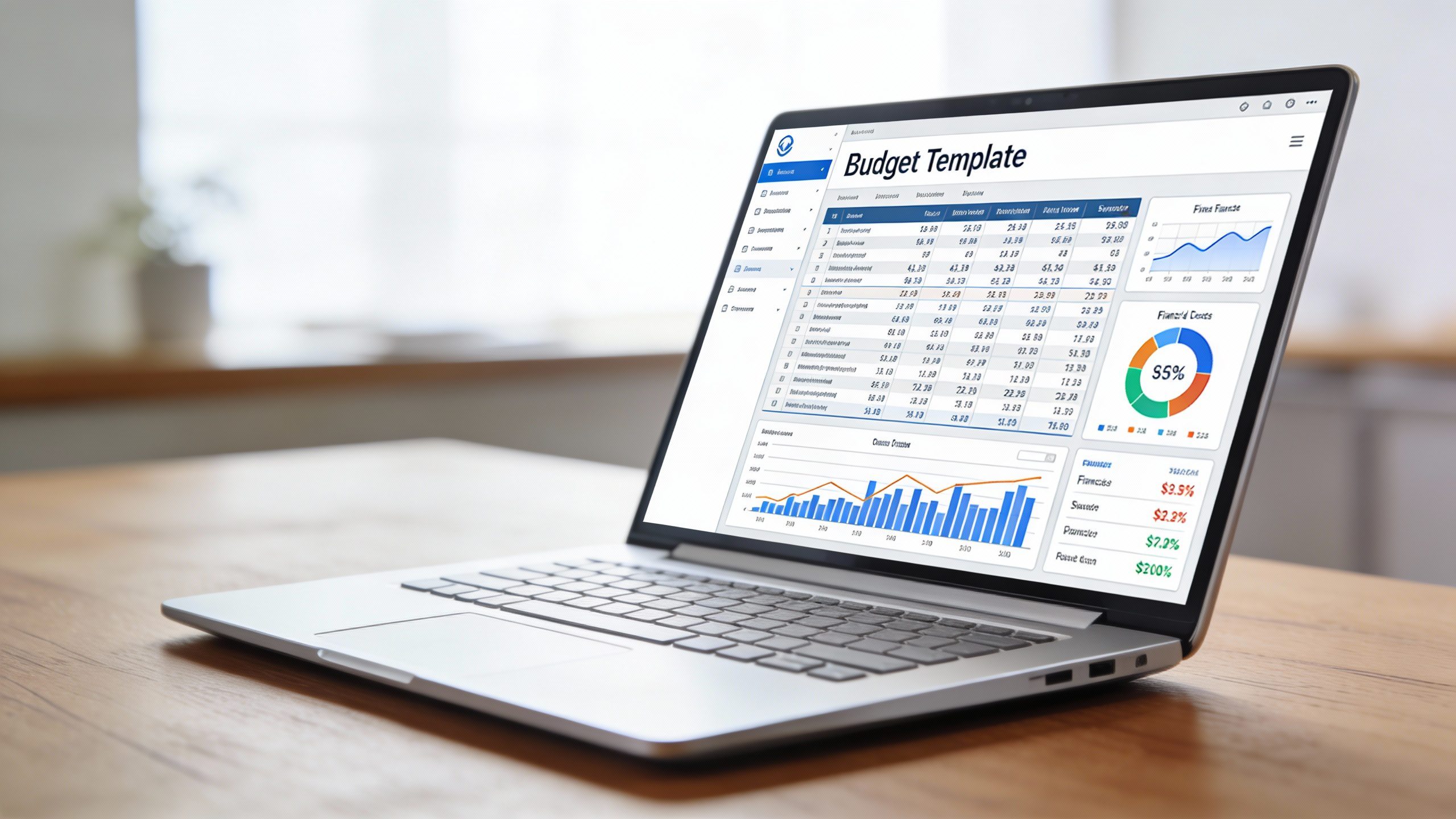 **Single sleek laptop displaying a digital budget template**