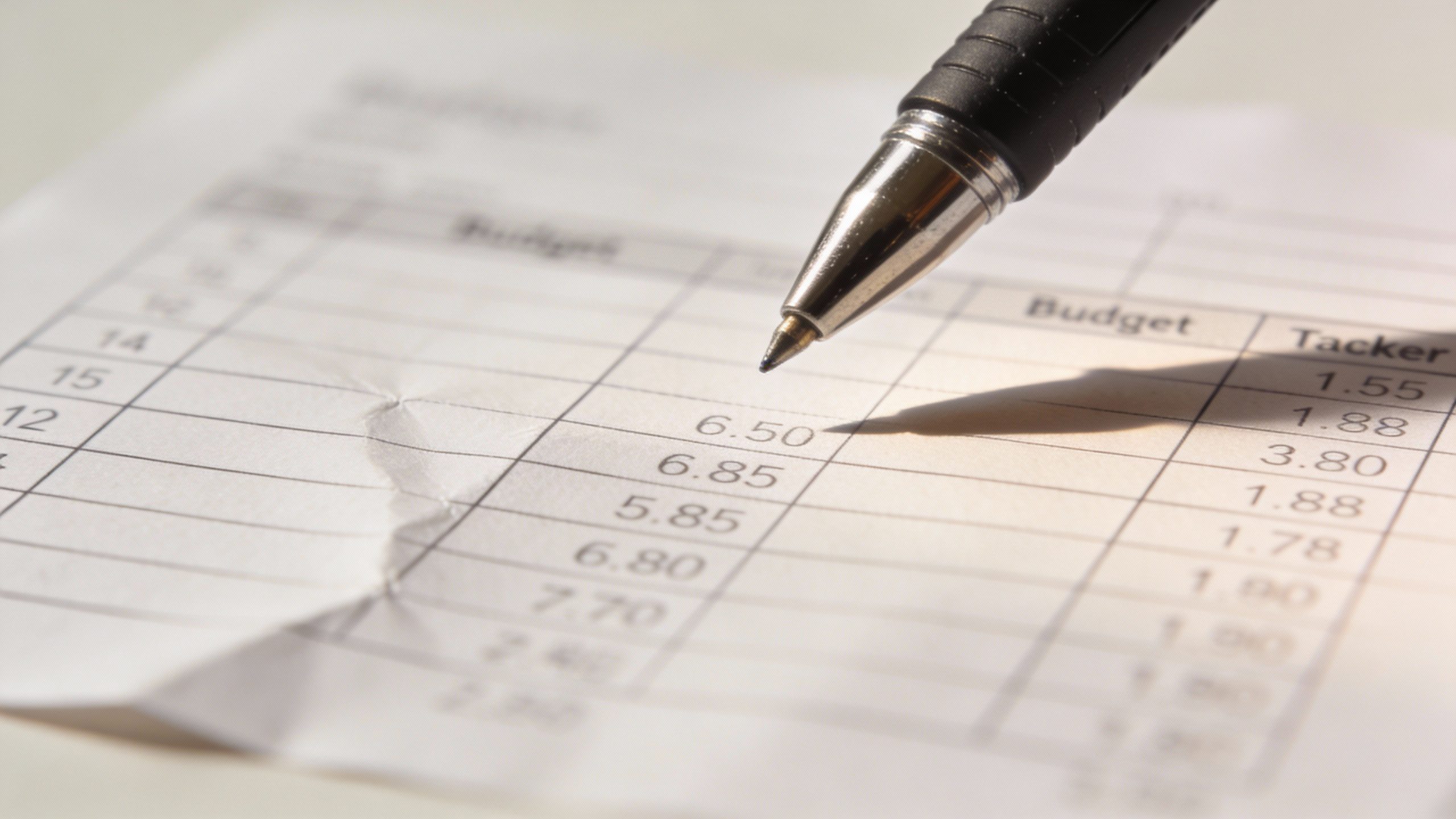 **Focused shot of a pen hovering over a printed budget tracker**