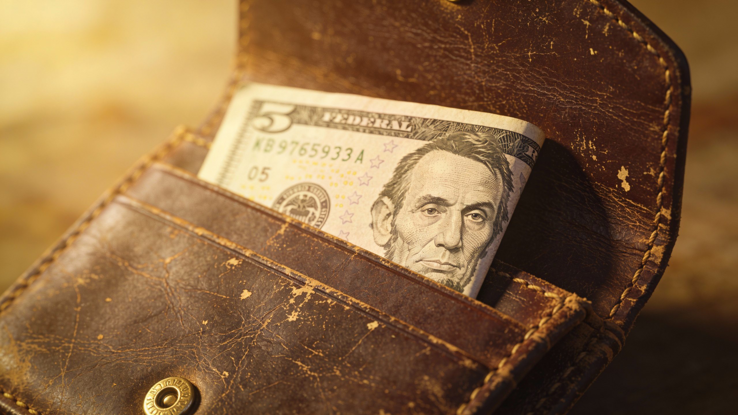 **Closeup of a worn leather wallet with a single $5 bill**