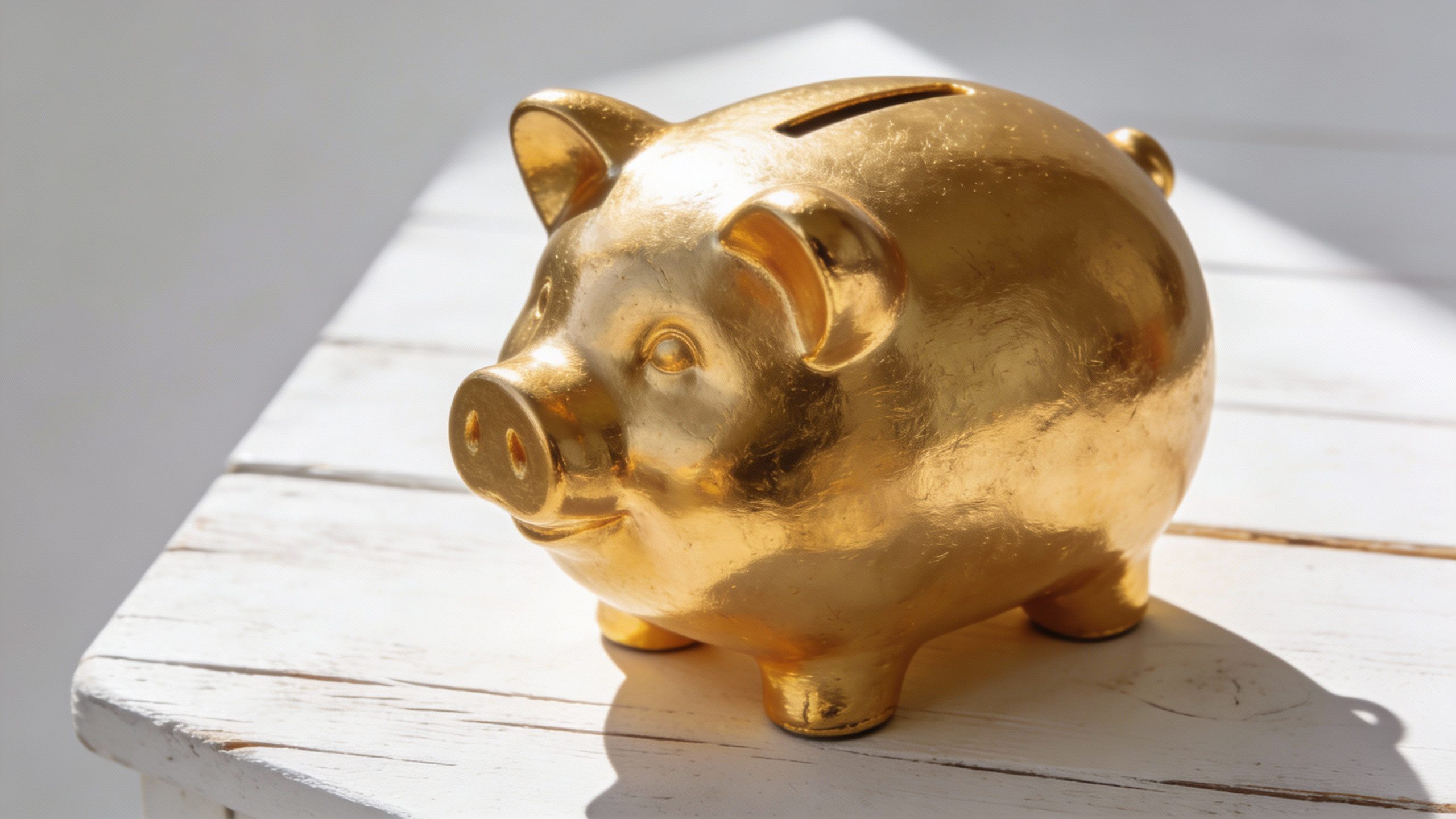**Gold piggy bank on a white wooden table, sunlight streaming**