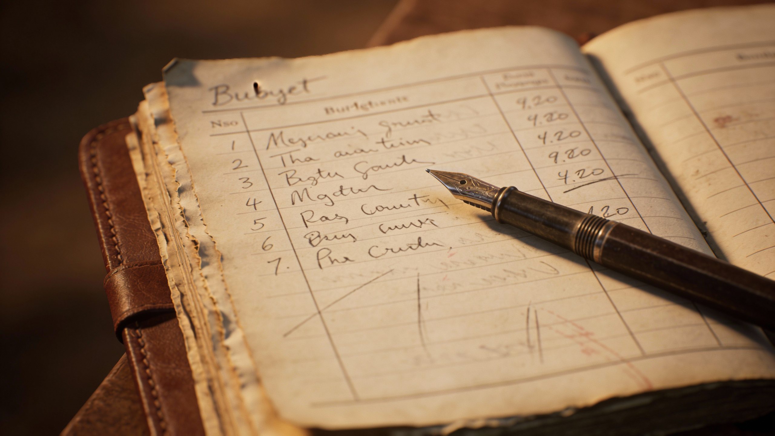 **Closeup of a handwritten budget notebook with pen**