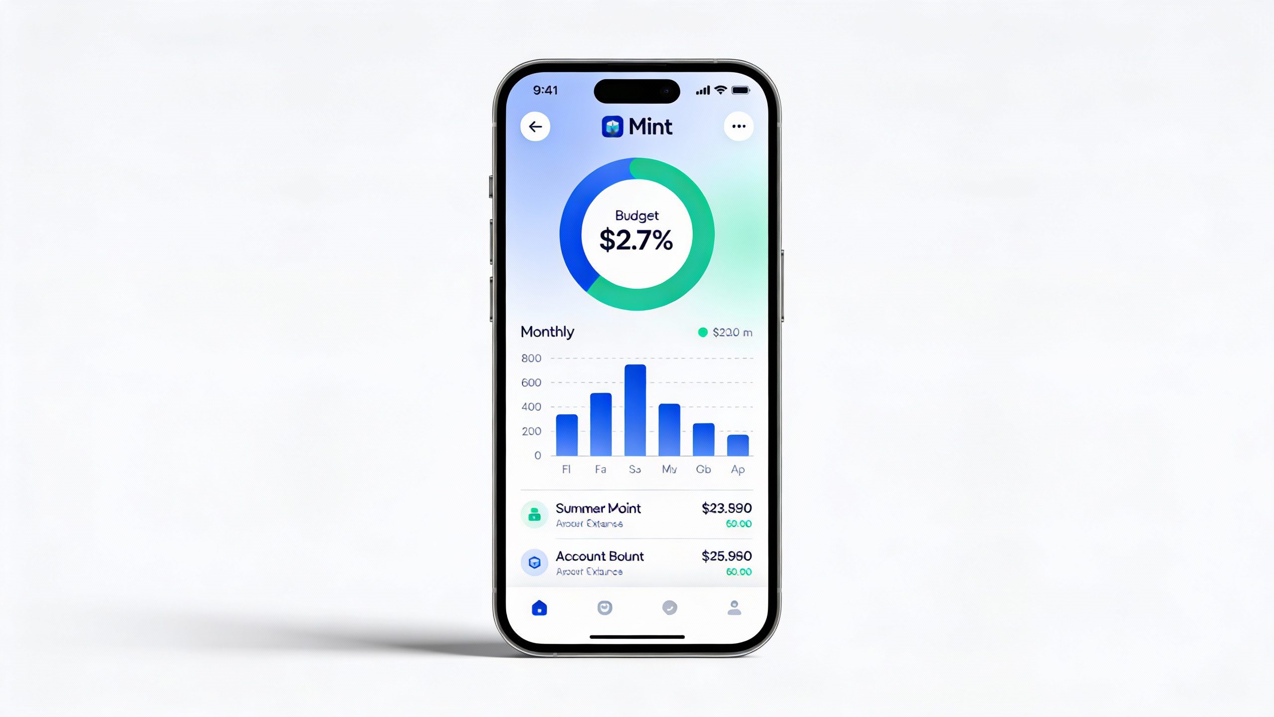 **Single smartphone displaying a Mint app dashboard**