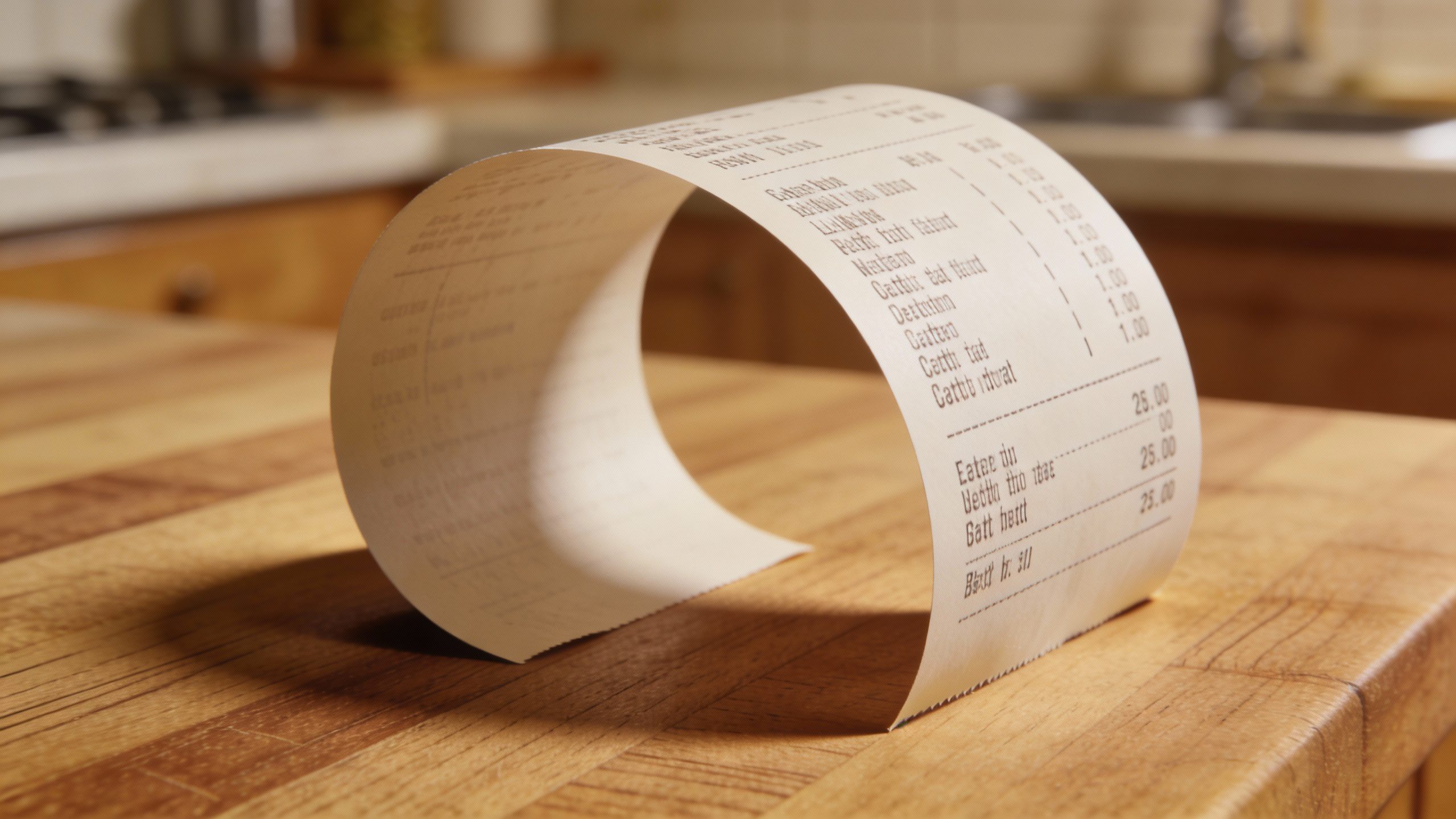 **Fresh grocery receipt curled on a kitchen counter**