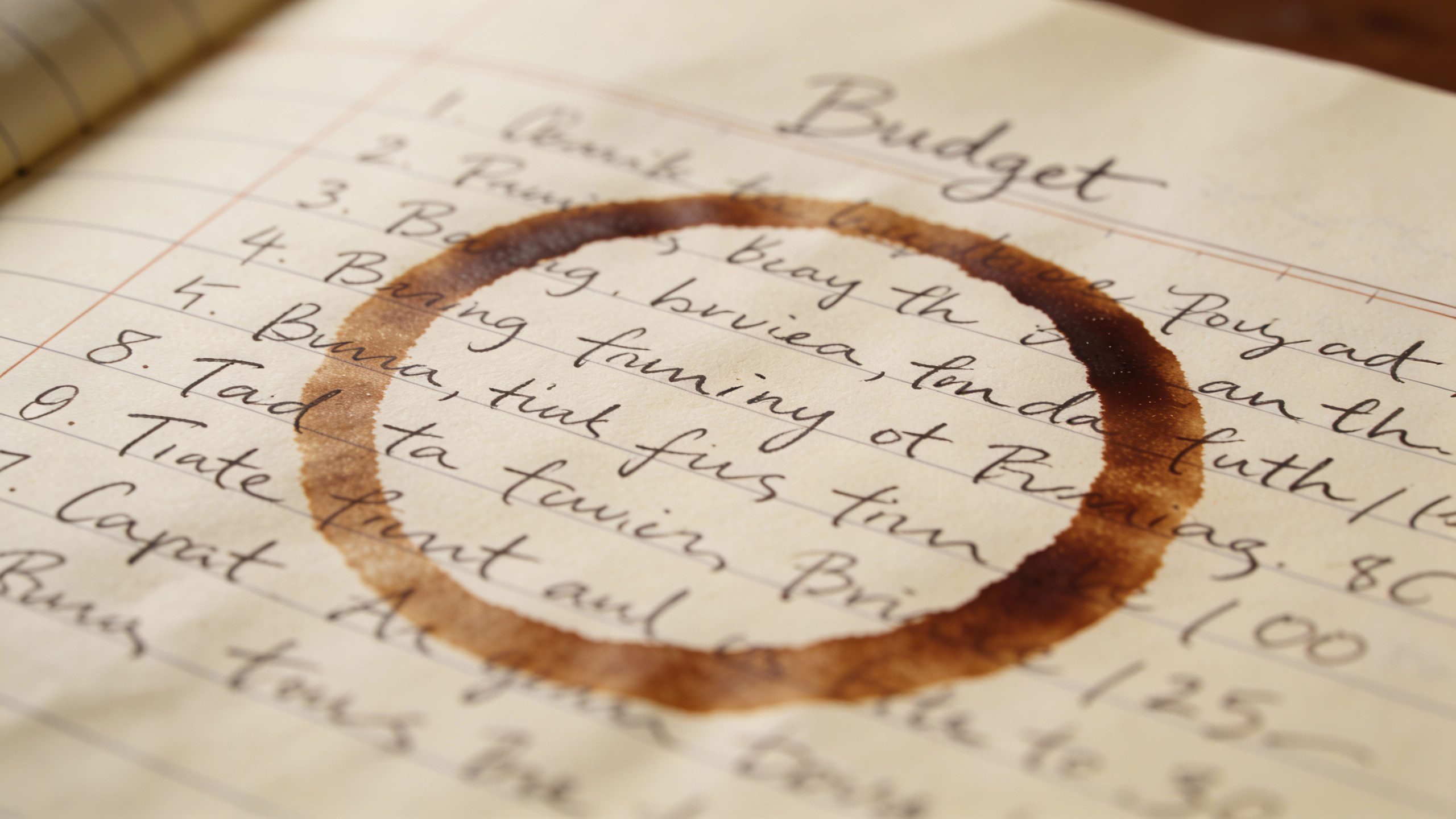 **Closeup of a handwritten budget notebook with coffee ring stain**