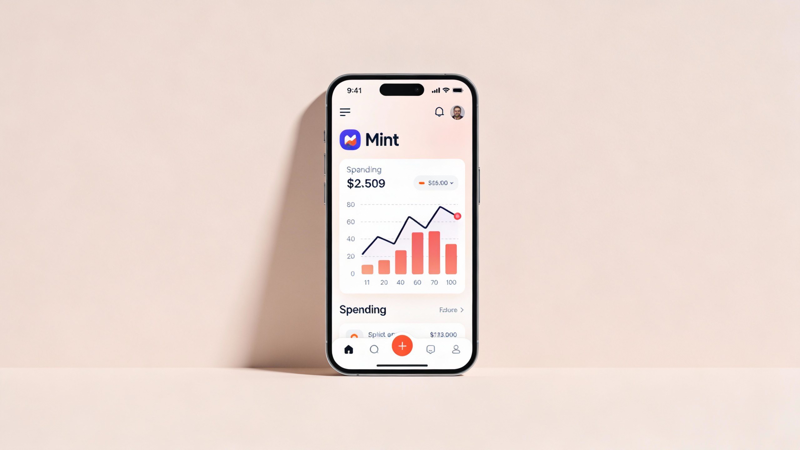 **Single smartphone screen showing Mint app with spending graph**