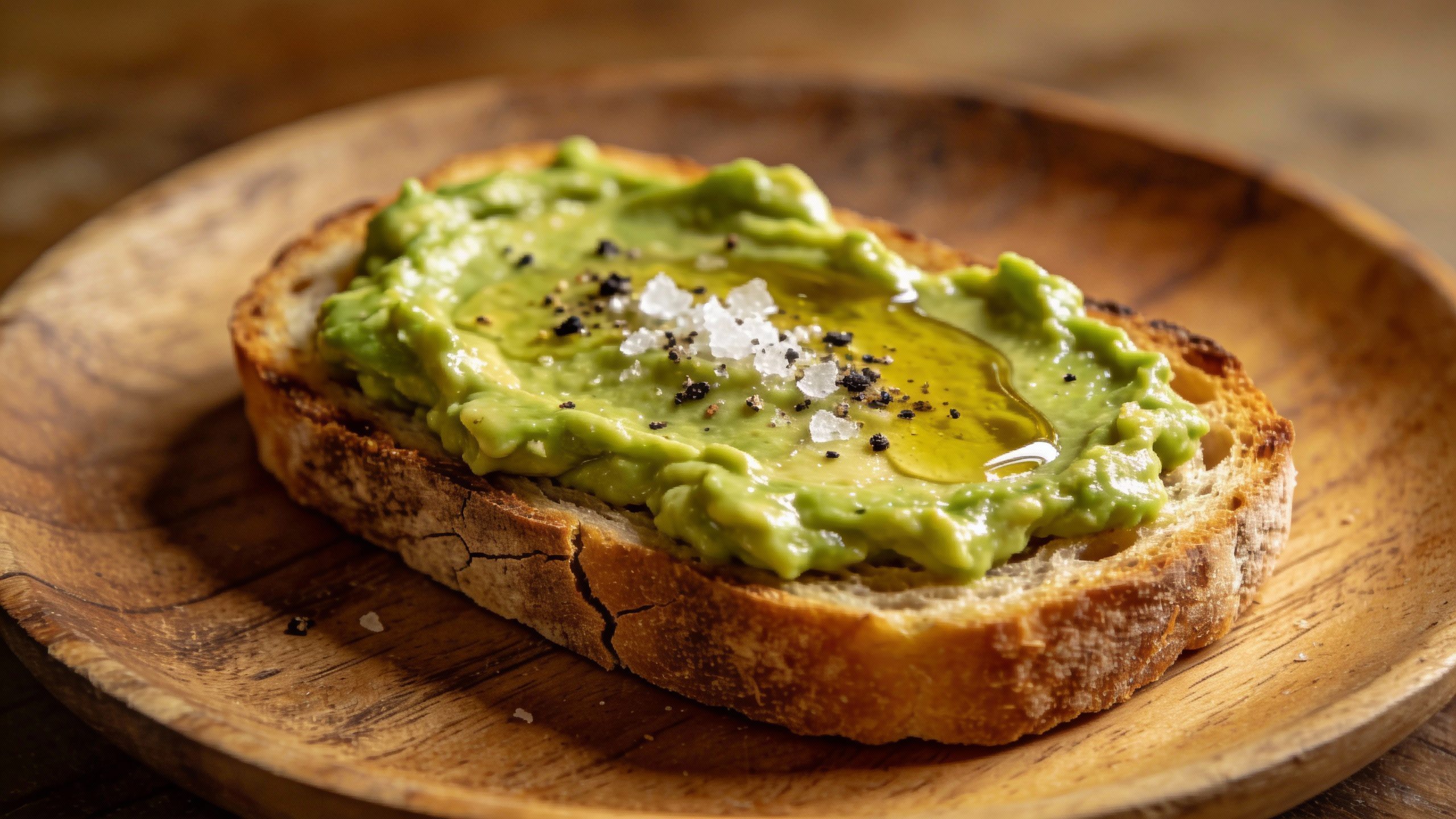 **Single avocado toast on rustic wooden plate**