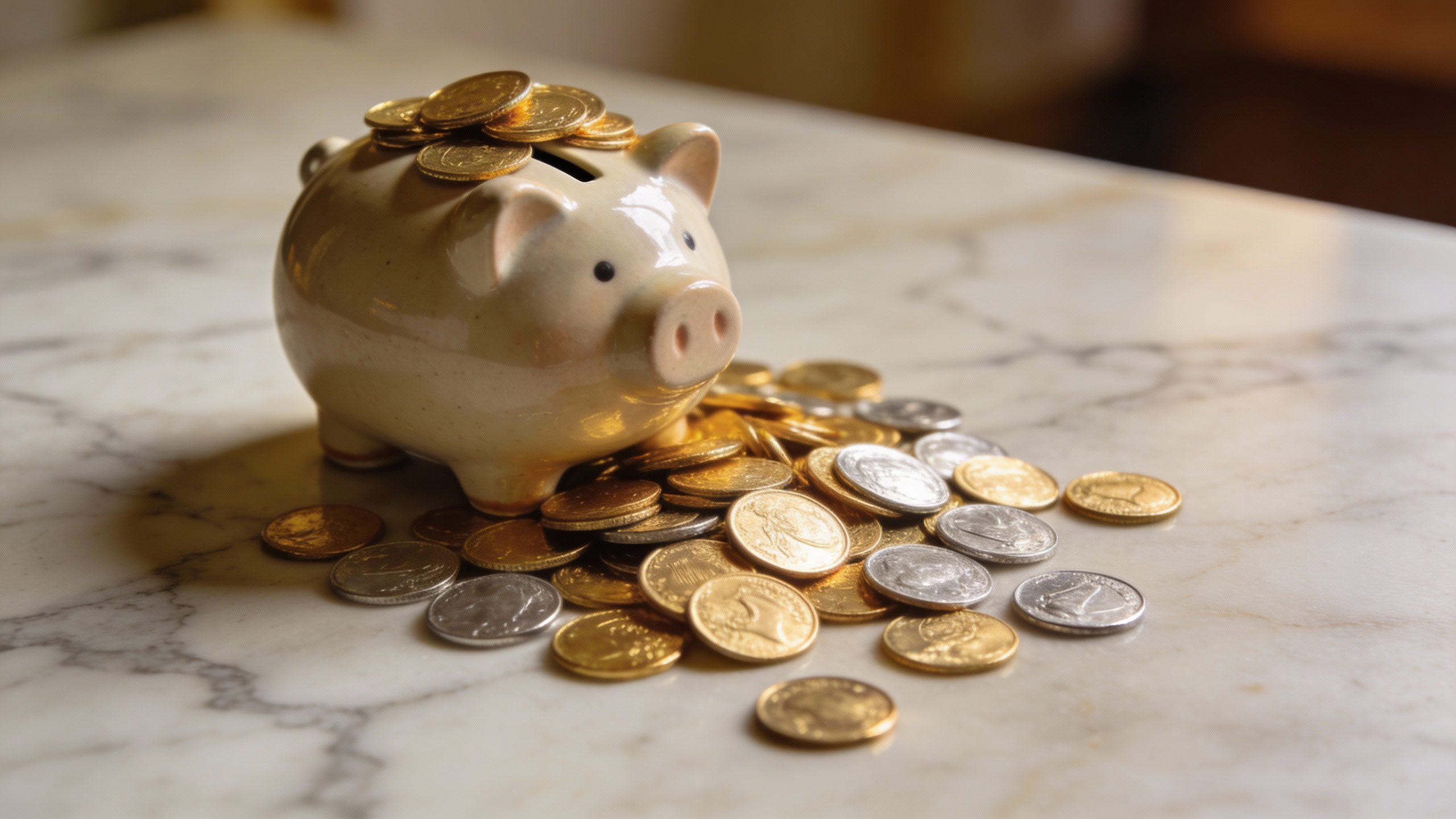 **Piggy bank with coins overflowing on marble surface**
