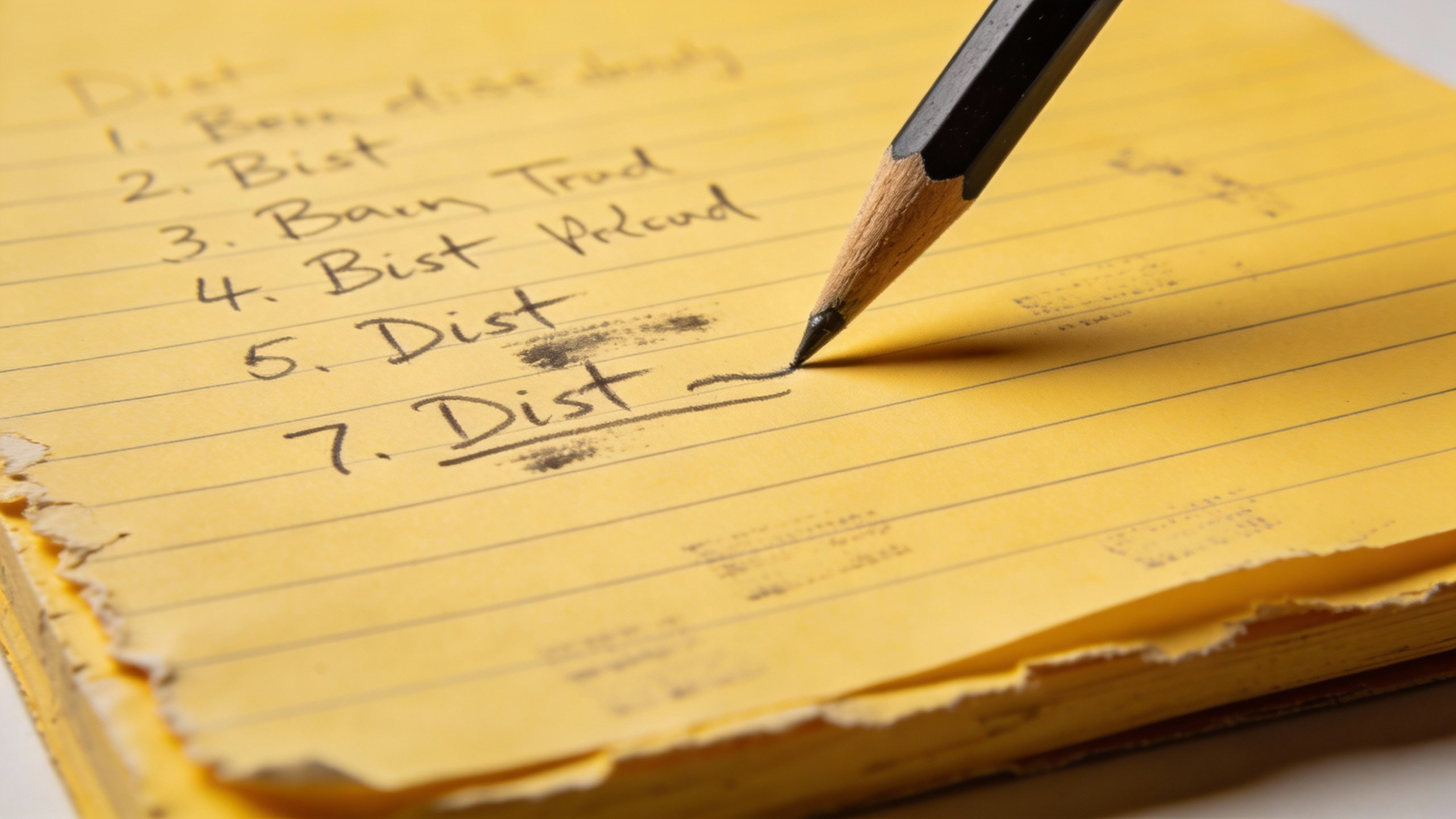 **Closeup of a handwritten debt list on yellow notepad**