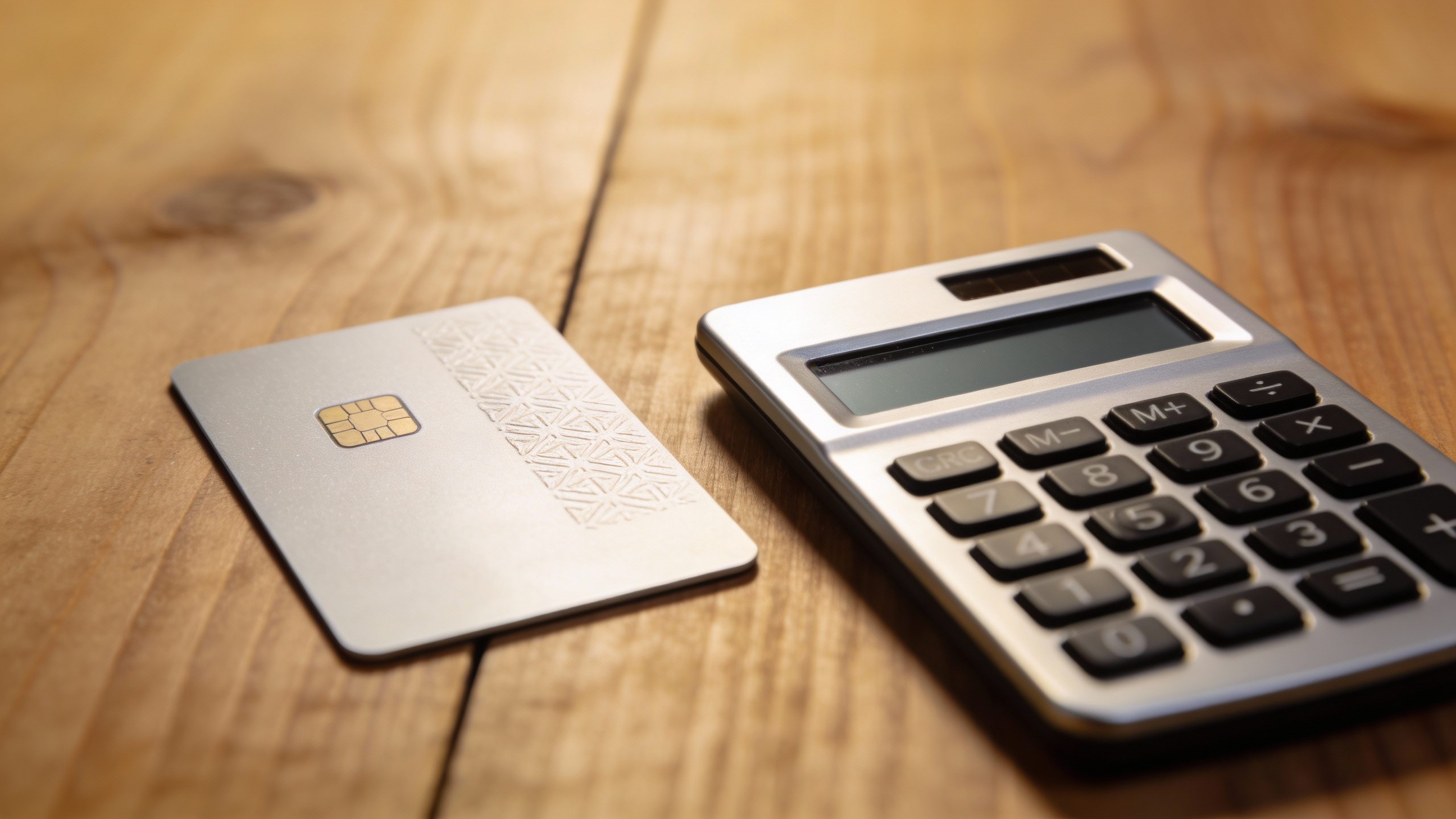 **Single credit card on a wooden table with calculator**