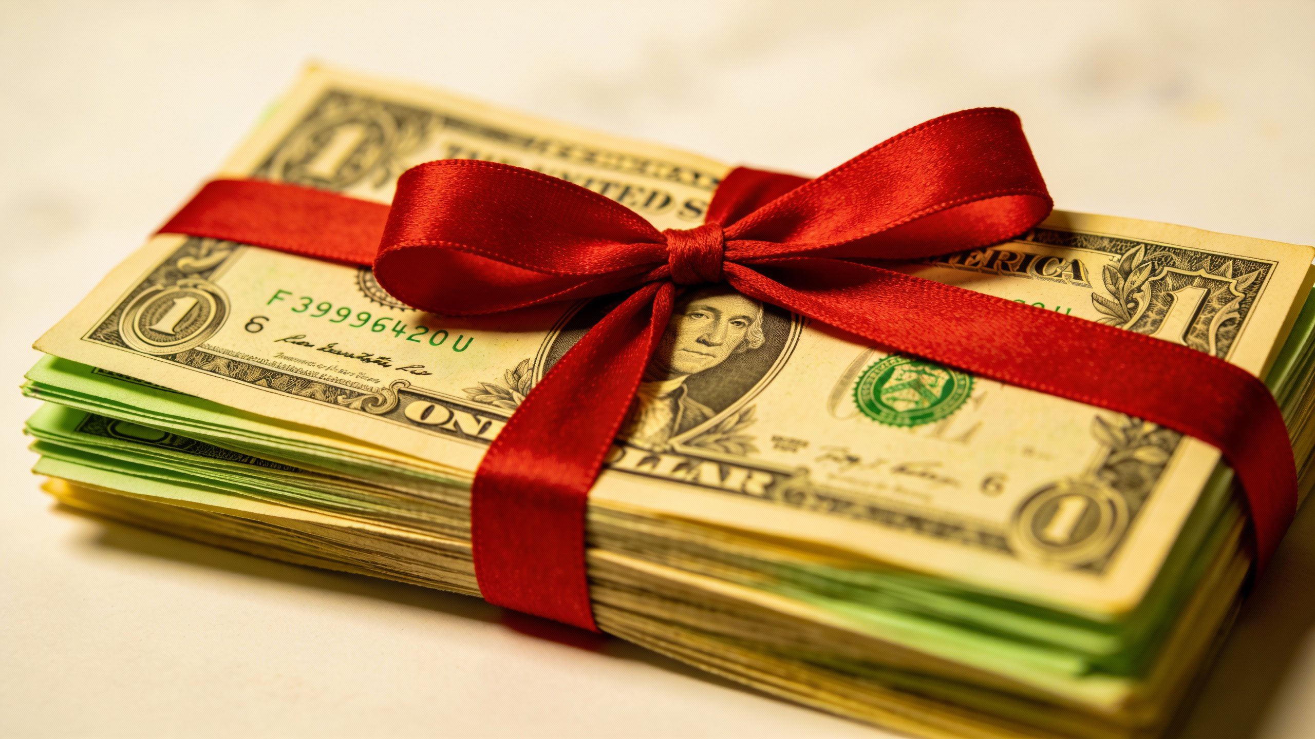 **Stack of dollar bills tied with a red ribbon**