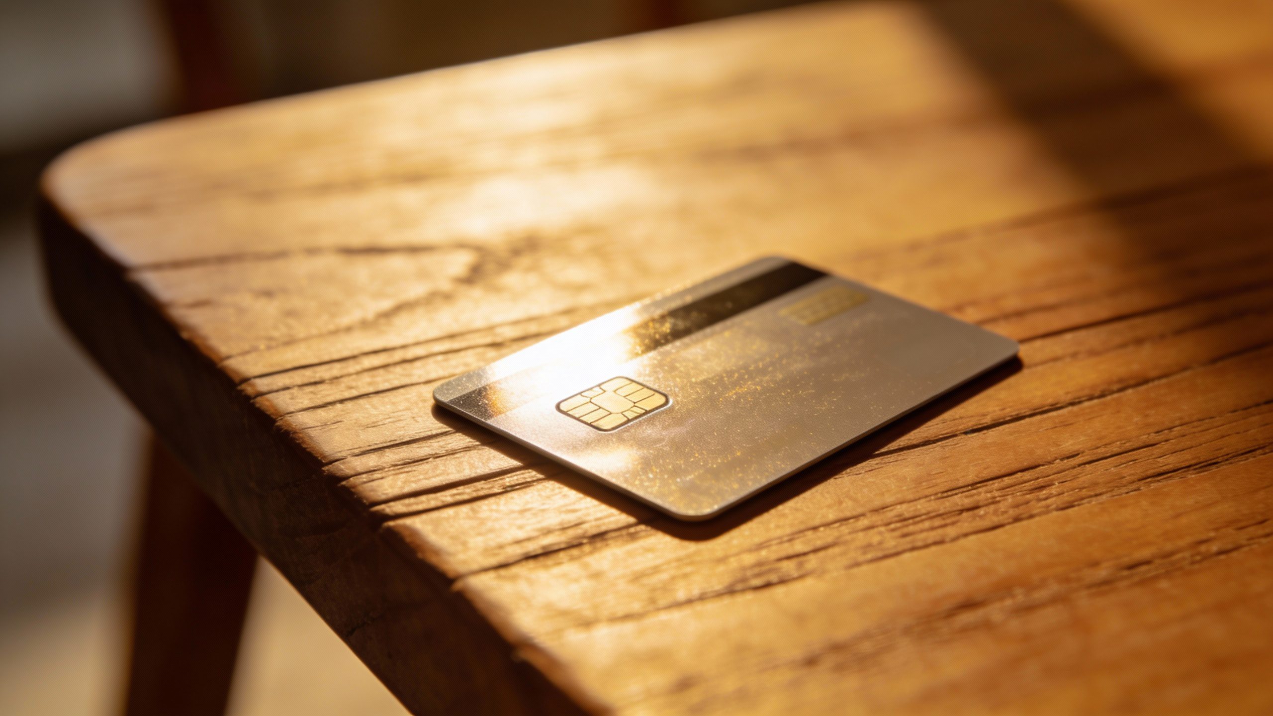 **Single credit card on a wooden table**