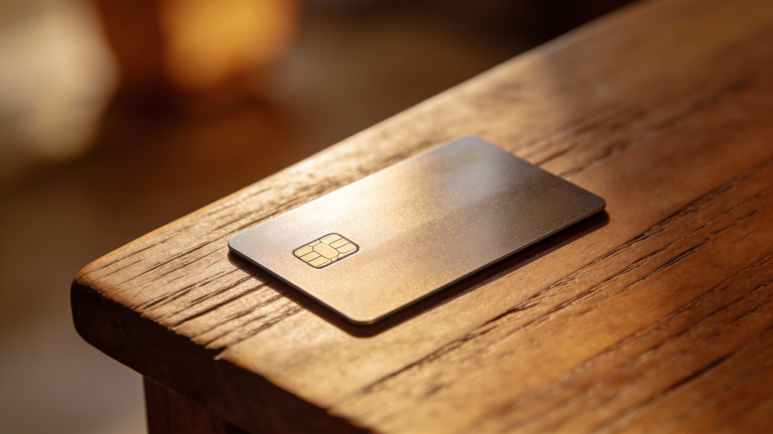 **Single credit card on a wooden table, blurred background**
