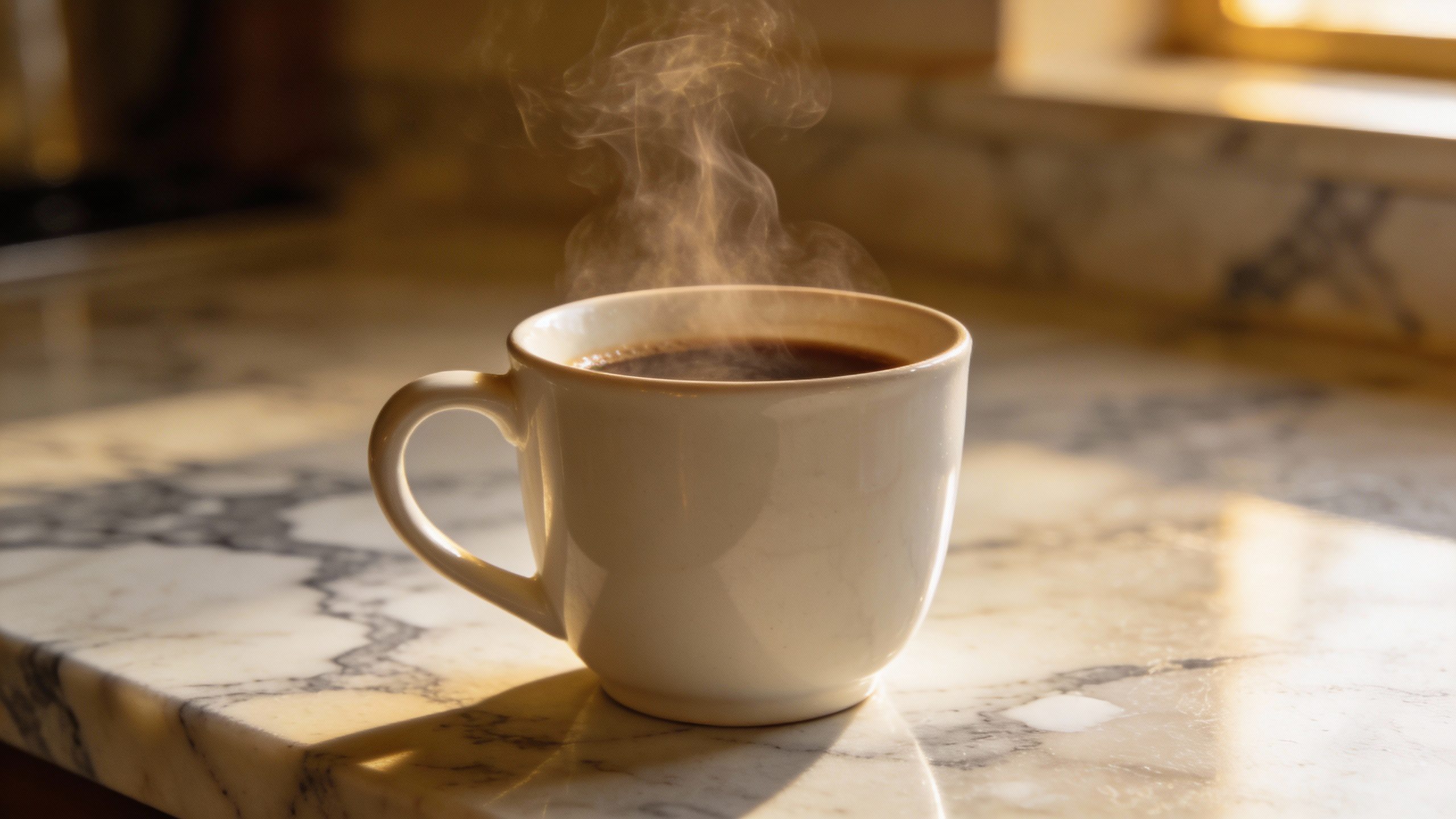 **Coffee cup with steam rising on a marble countertop**