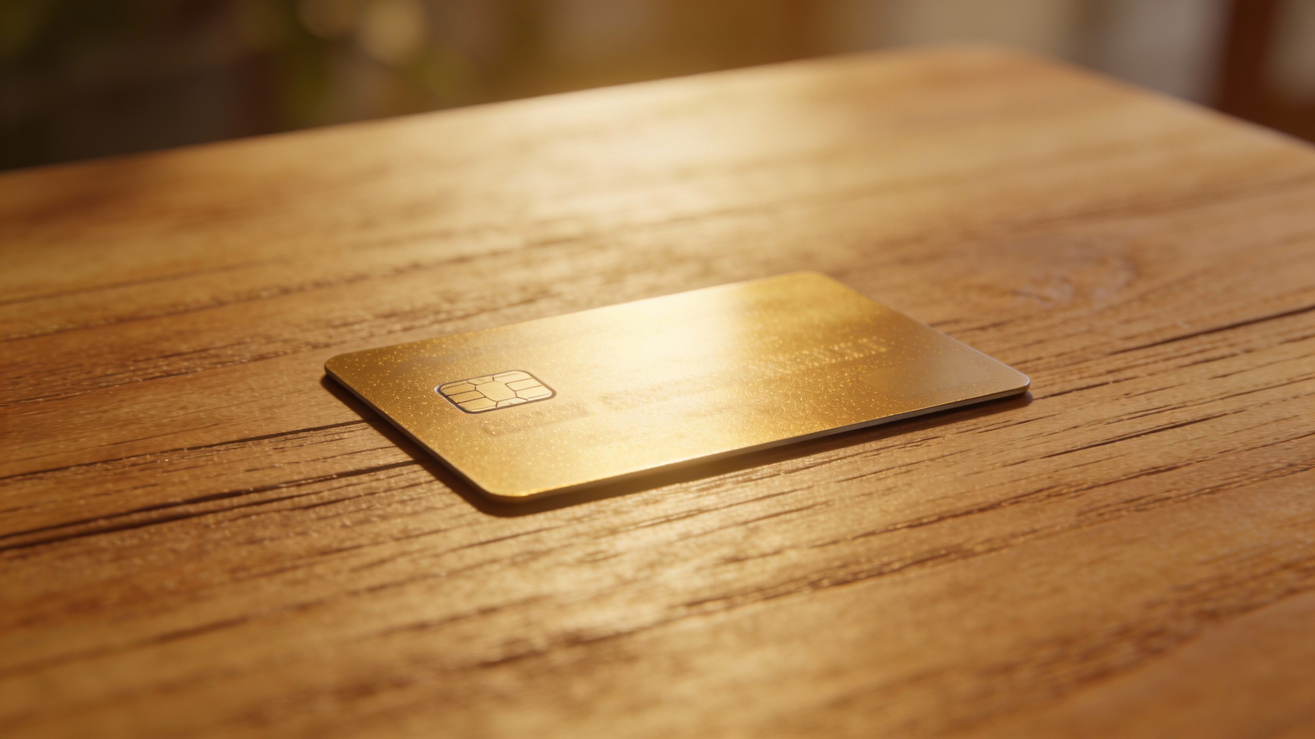 **Single credit card on a wooden table**