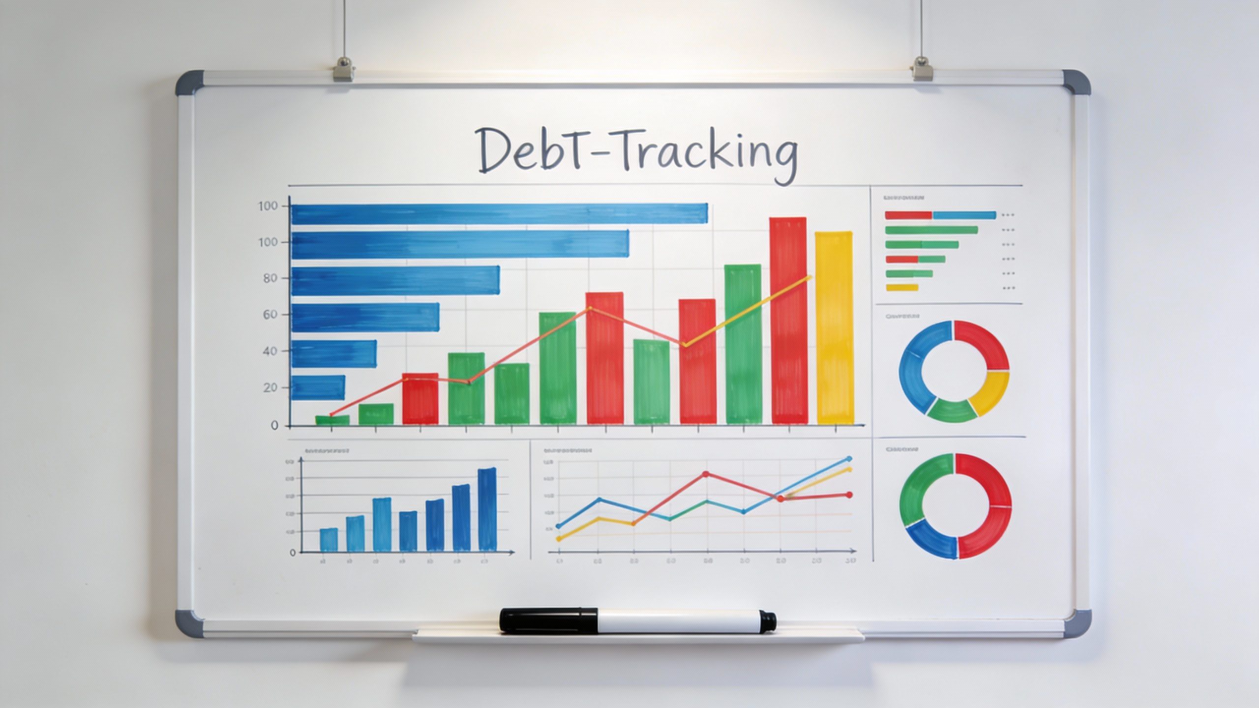 **Single whiteboard with colorful debt-tracking chart and marker**