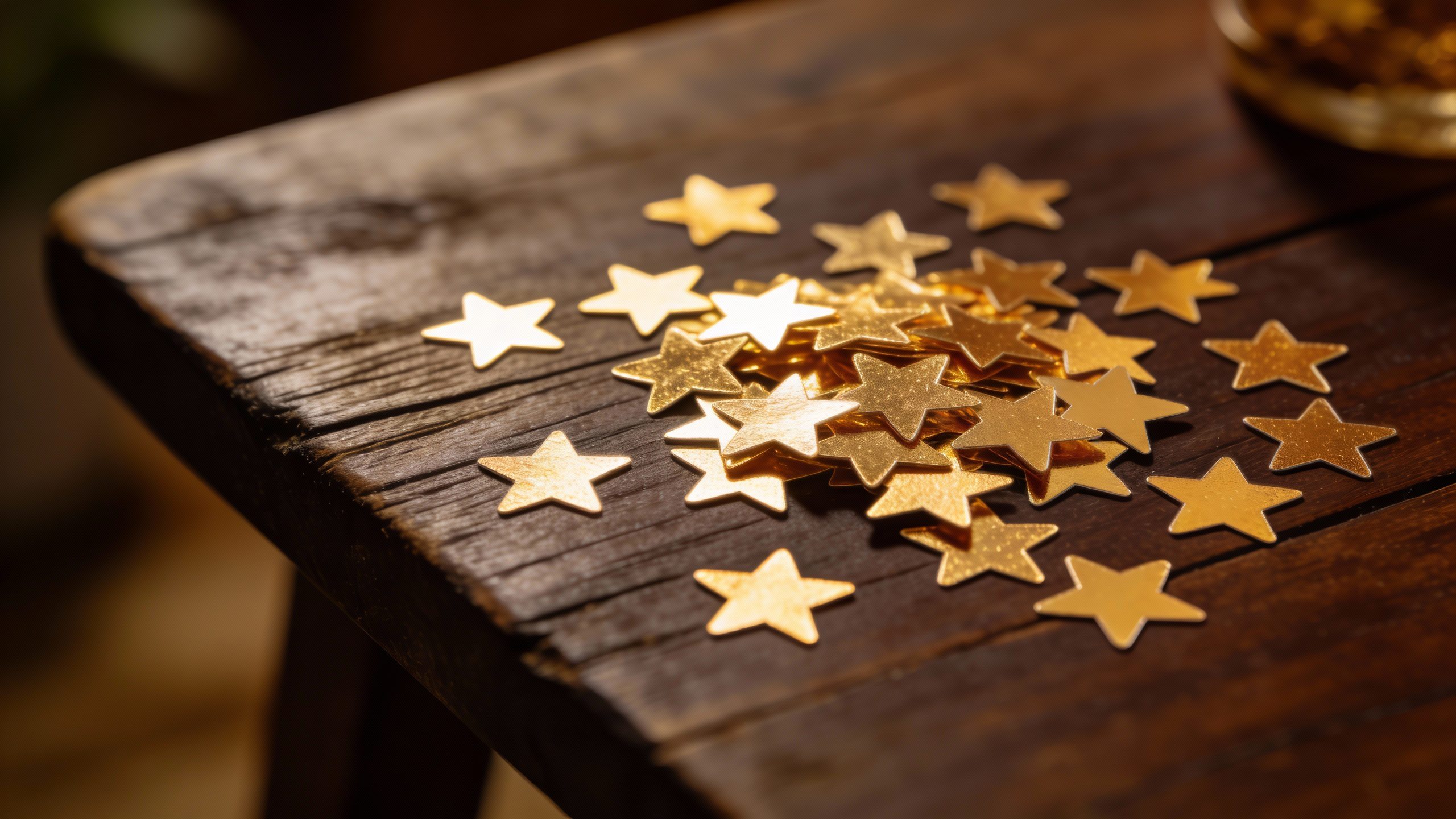 **Mini gold star stickers on a dark wooden table**