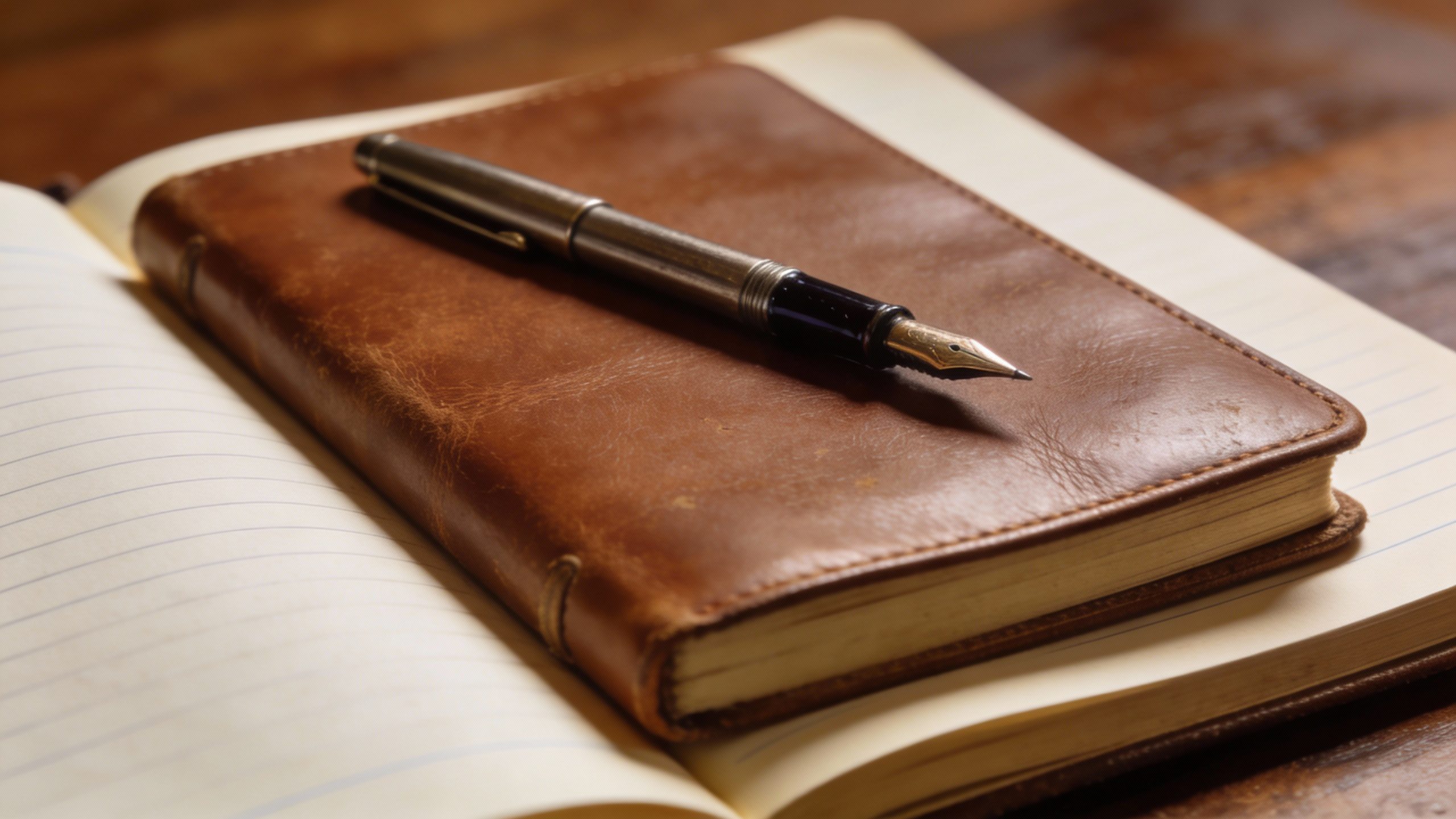 **Single leather-bound ledger with a fountain pen resting on it**