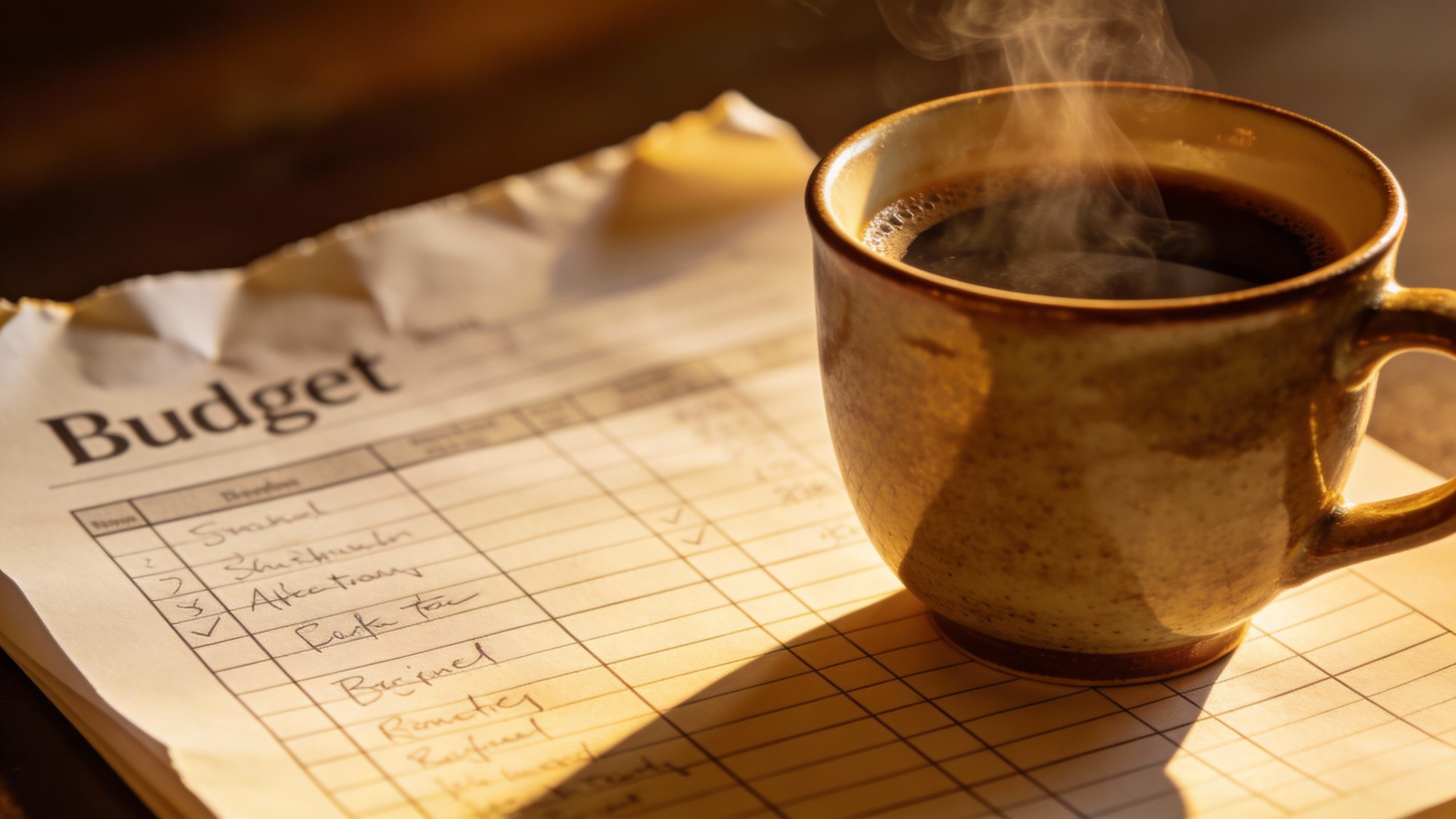 **Closeup of a coffee cup beside a budget spreadsheet**