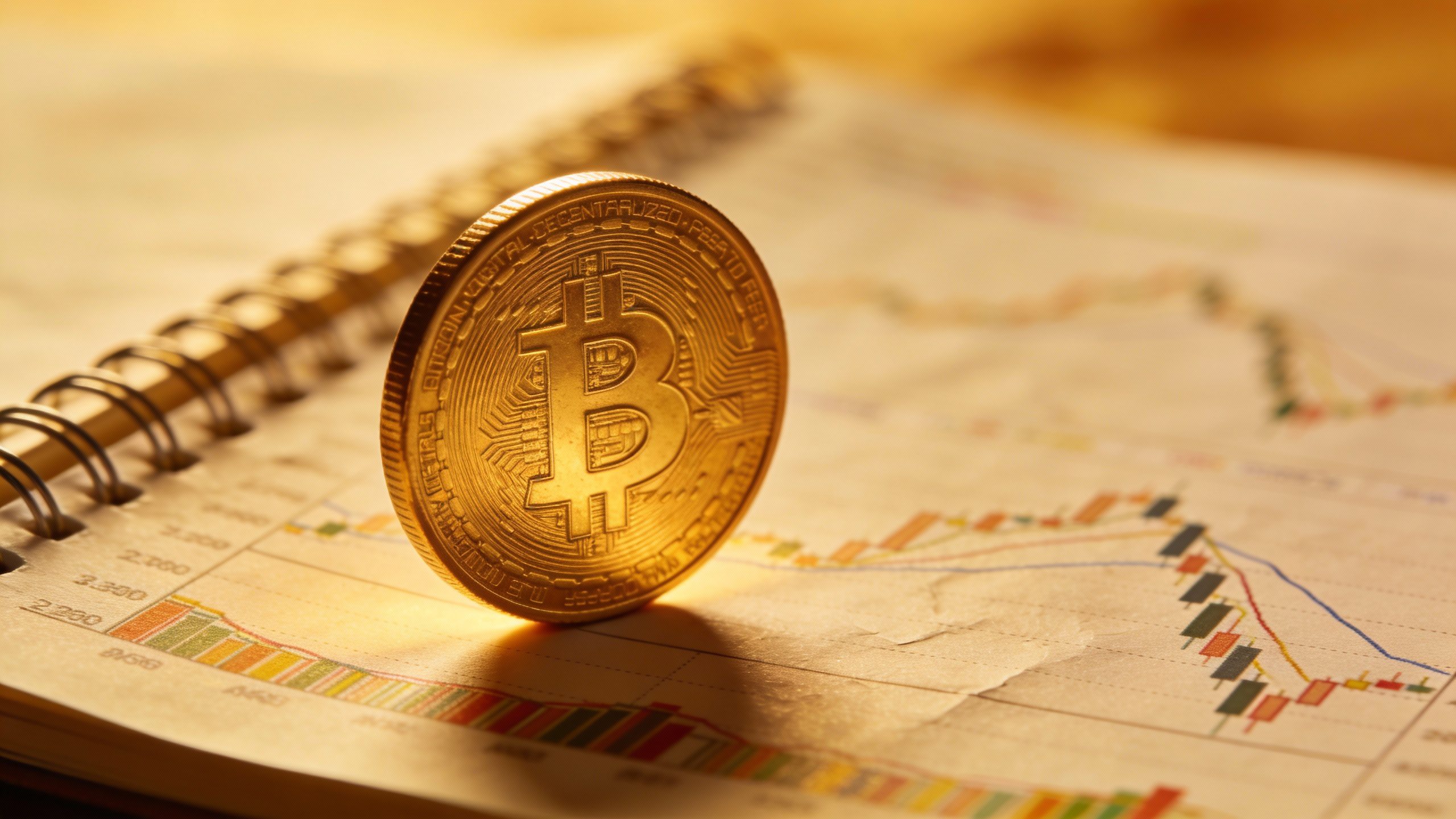 **Closeup of a gold coin on a notebook with financial charts**
