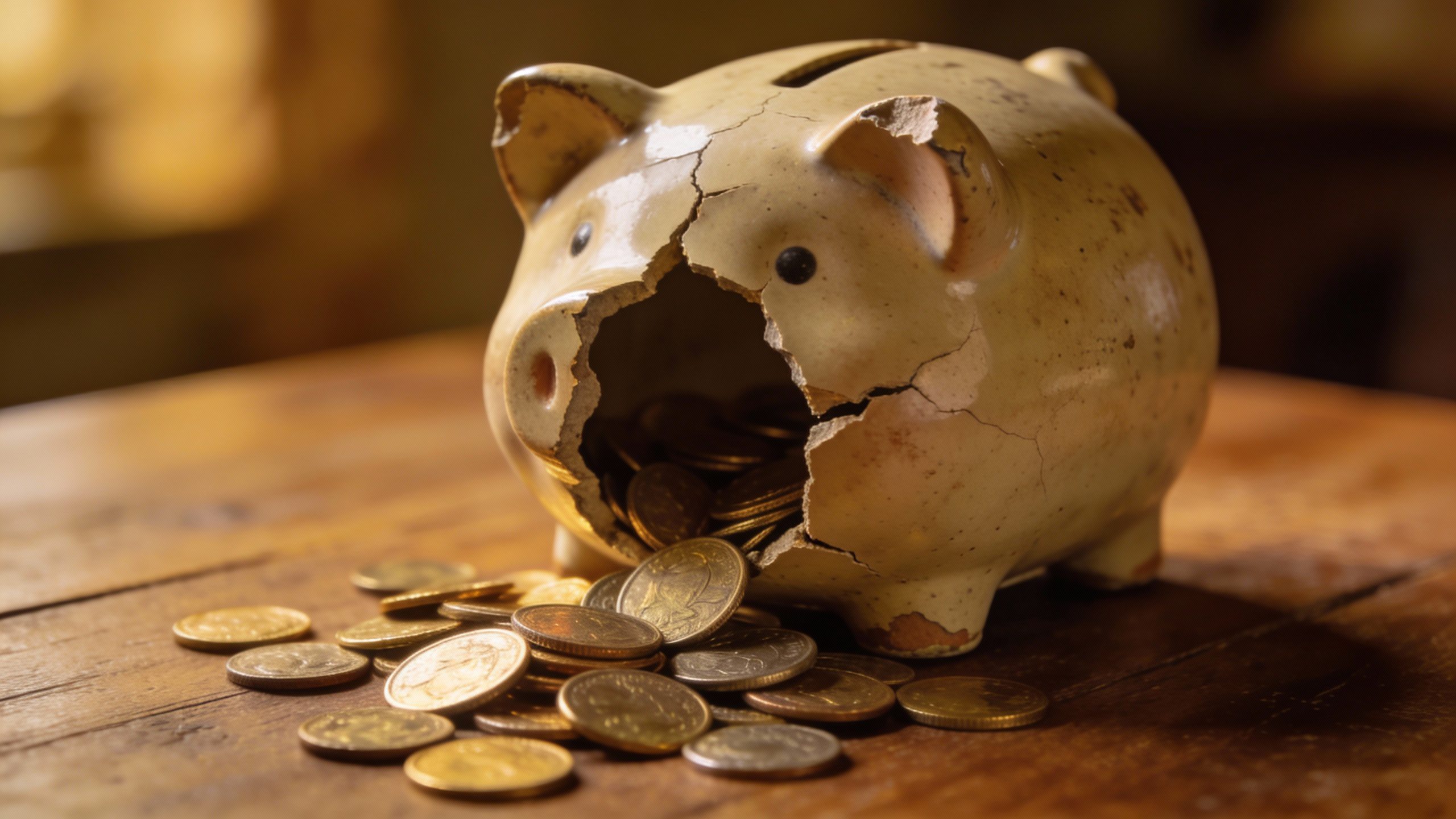 **Old piggy bank cracked open with coins spilling out**