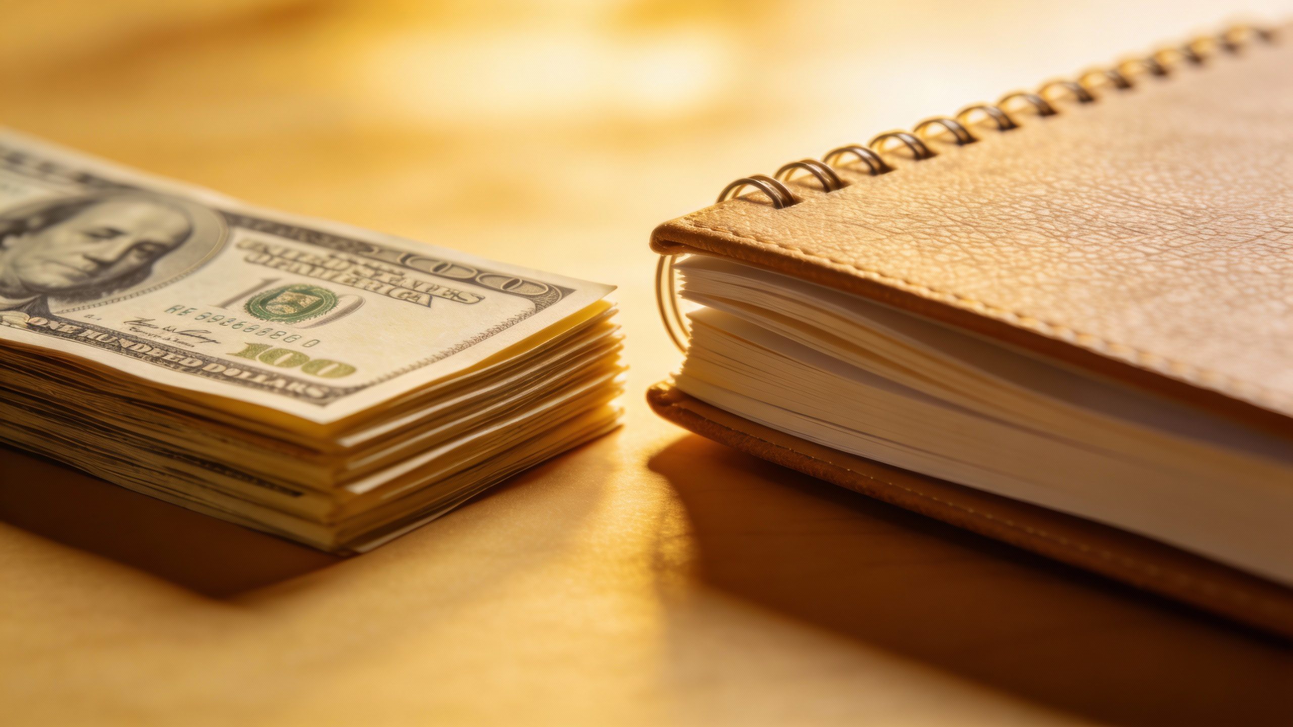 **Neat stack of cash with a budget notebook beside it**
