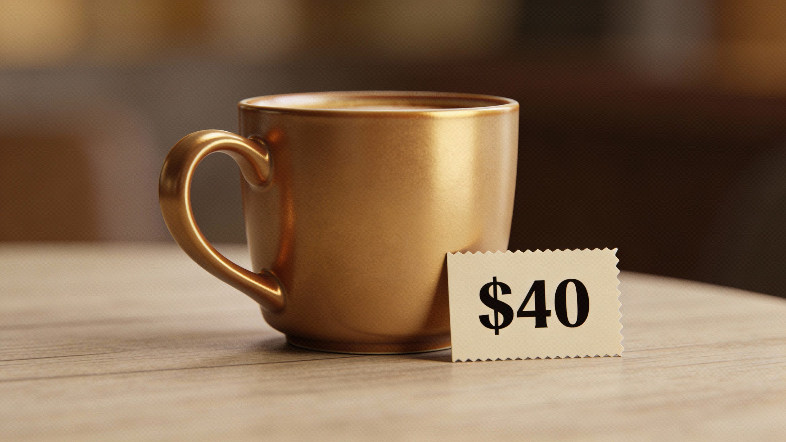 **Closeup of a coffee cup next to a price tag ($40)** Each prompt focuses on a single, specific subject tied to financial planning, with a professional closeup style.