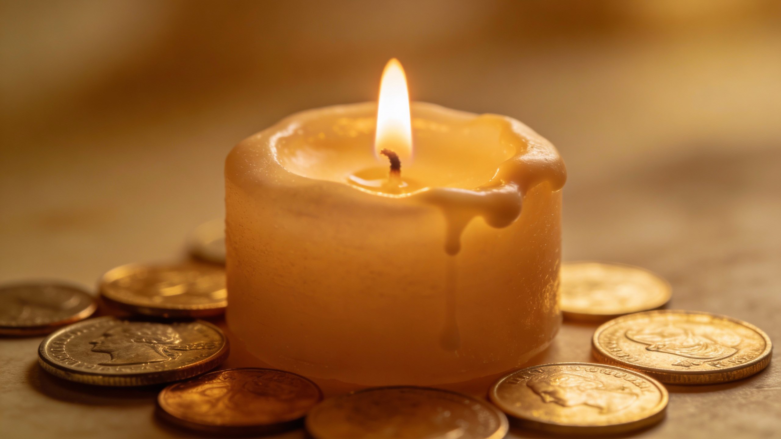 **Focused shot of a stress-relief candle with coins scattered nearby**