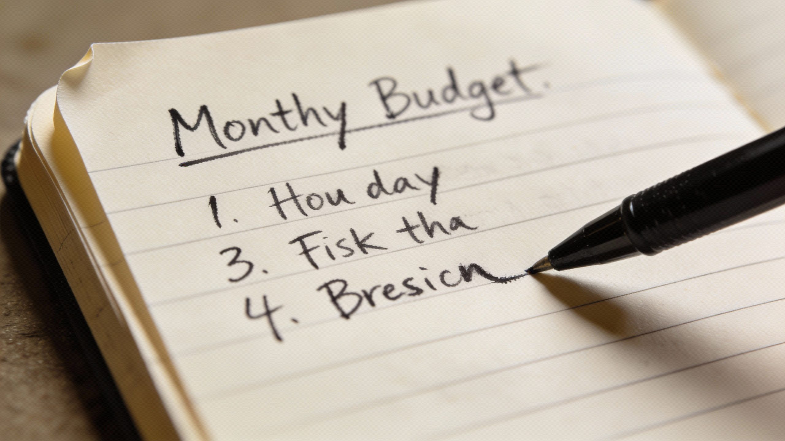 **Closeup of a handwritten monthly budget on notebook**