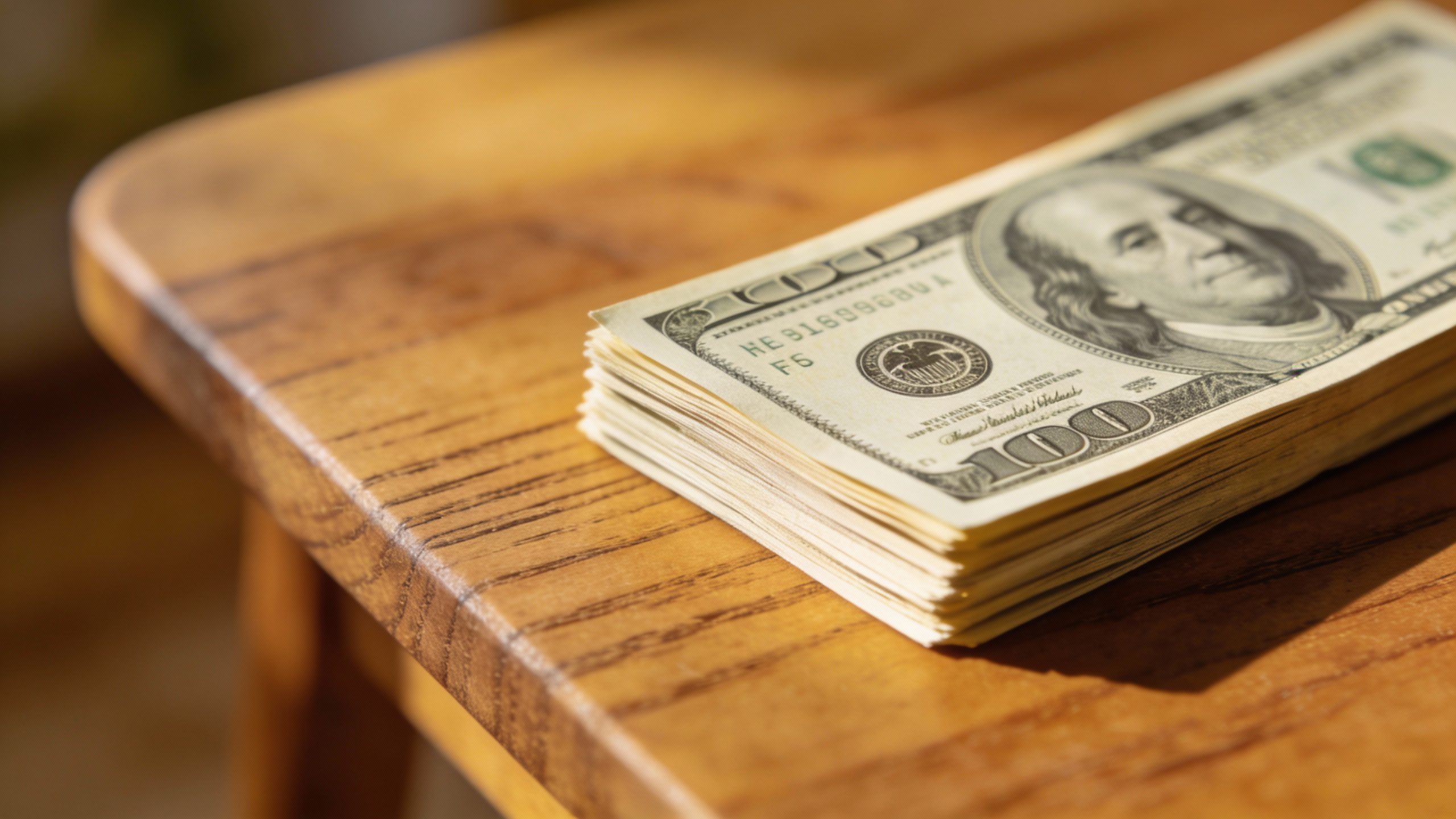 **Single stack of crisp dollar bills on wooden table**
