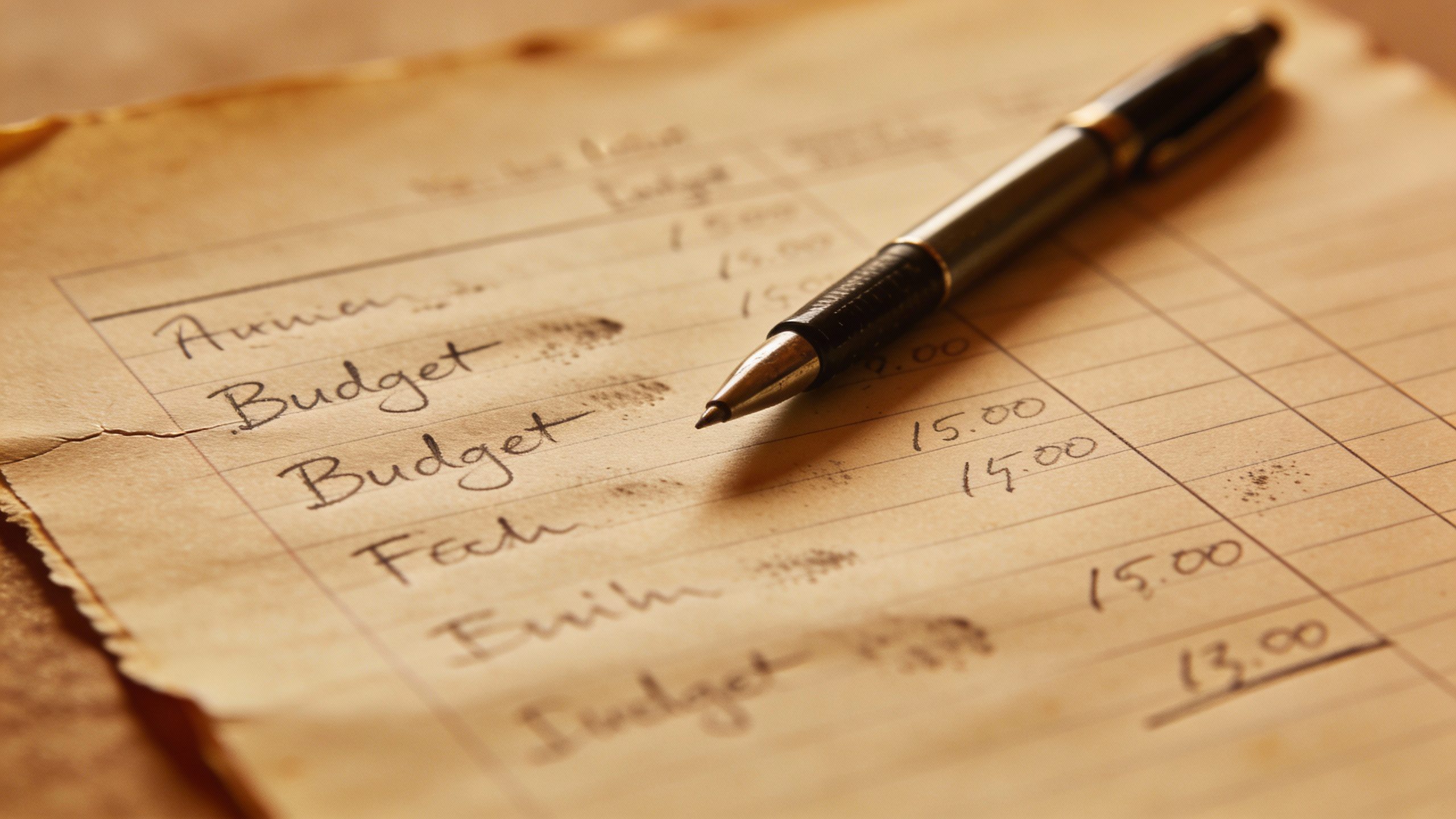**Closeup of a handwritten budget ledger with pen**