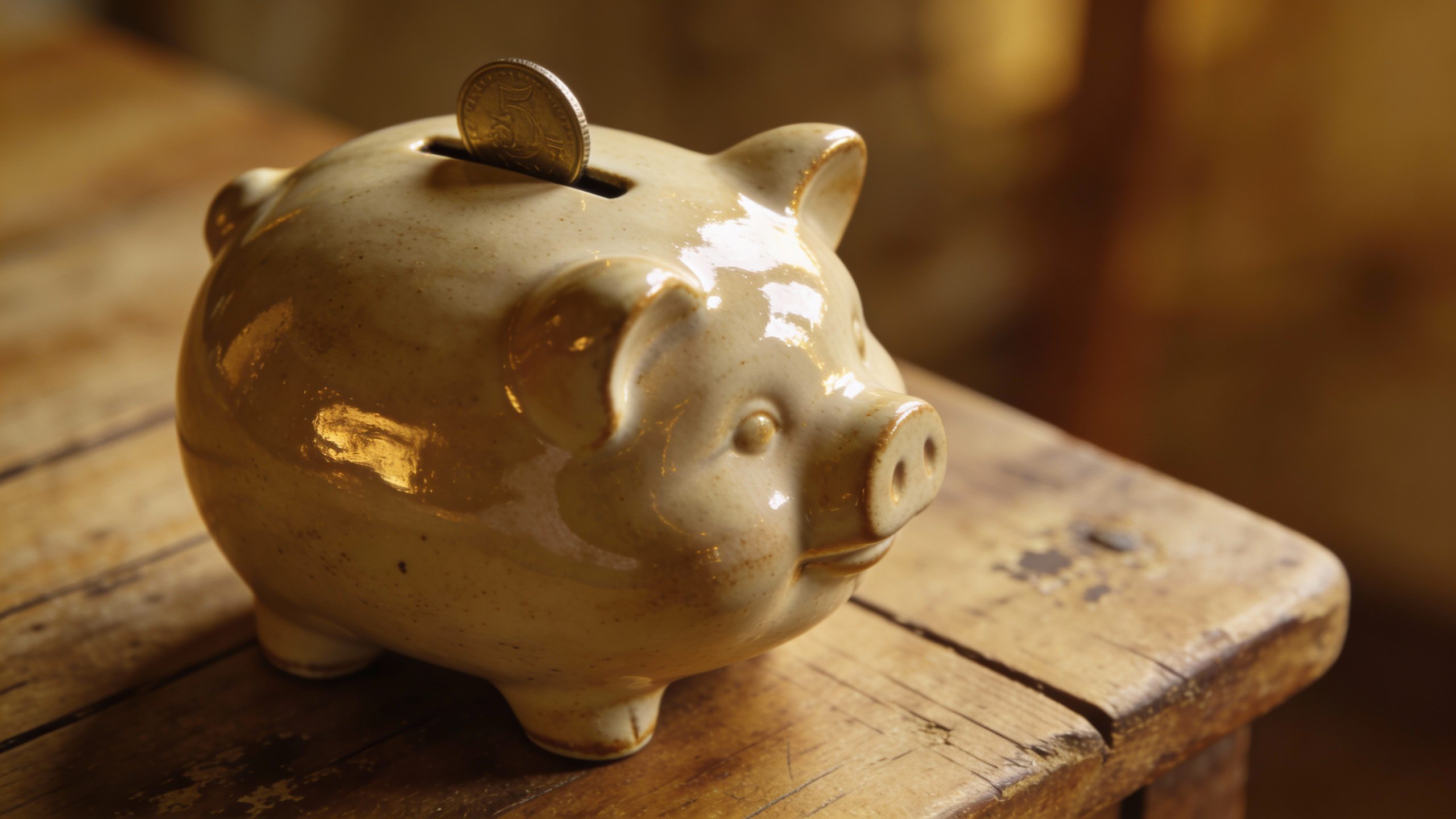 **Closeup of a piggy bank on a wooden table**