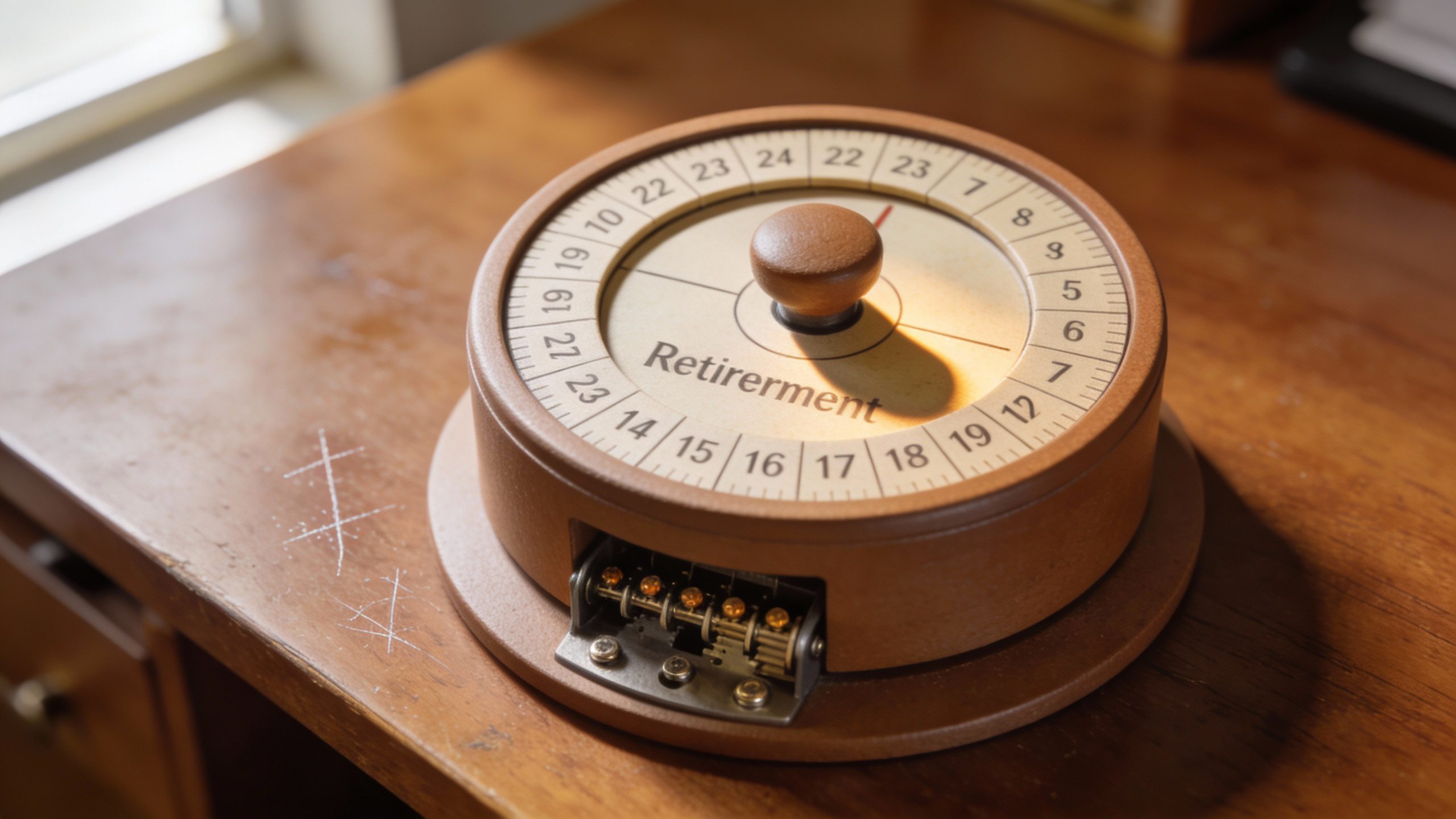 **Detailed shot of a retirement countdown calendar on a desk**