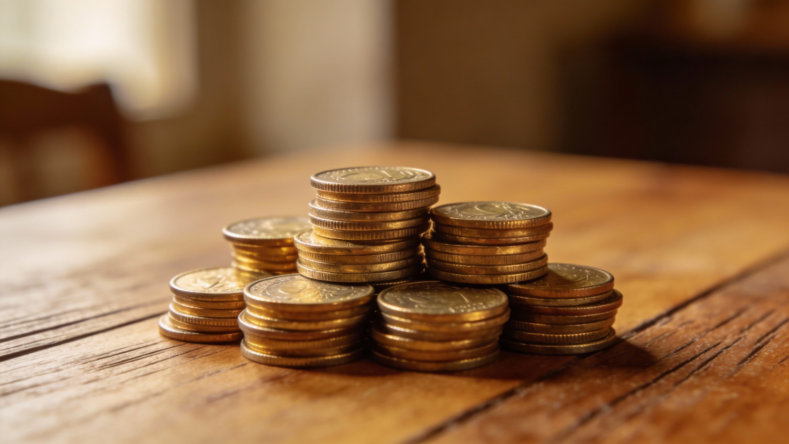 **Pile of coins stacked neatly on a wooden table**