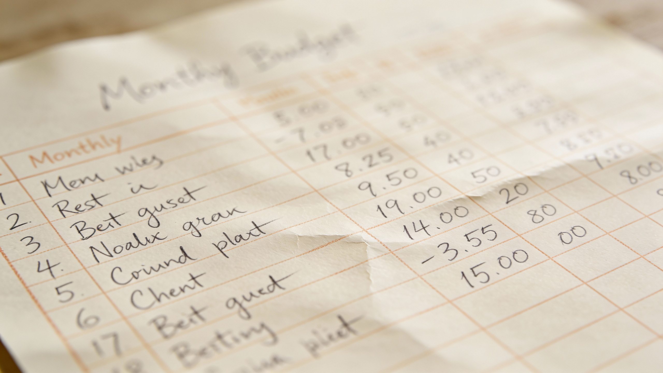 **Closeup of a handwritten monthly budget spreadsheet**