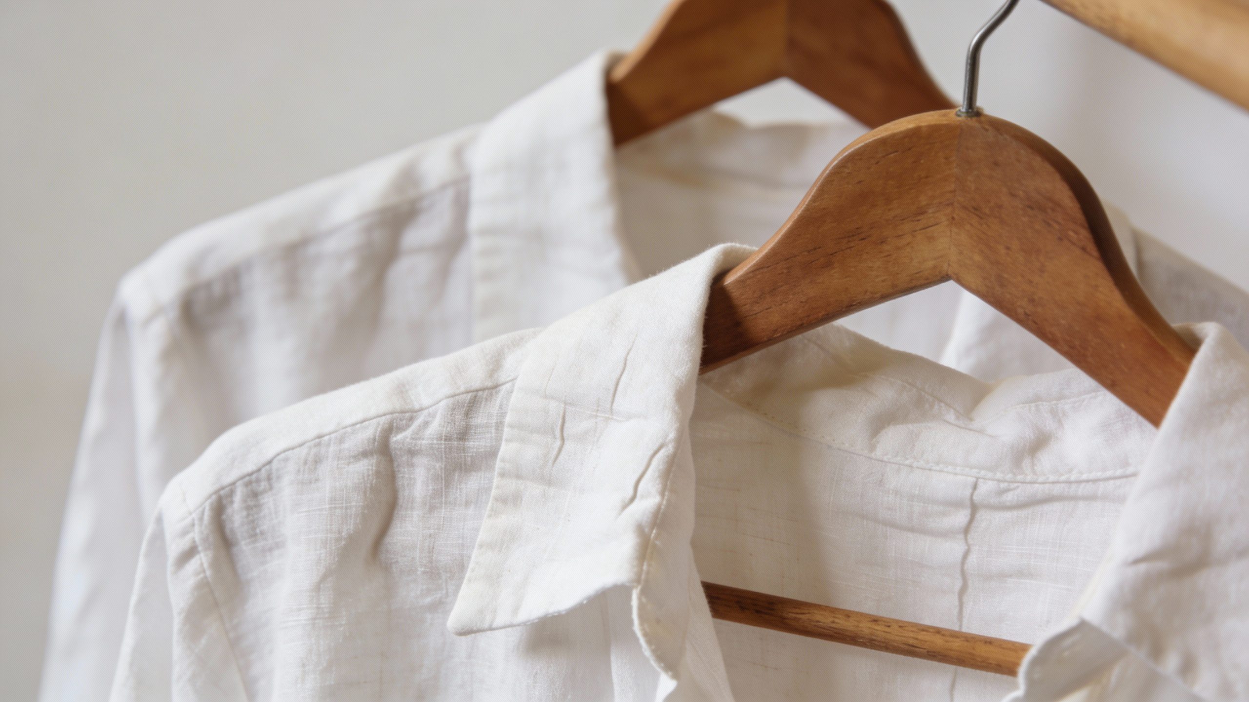 **Neatly folded white linen shirt on a wooden hanger**