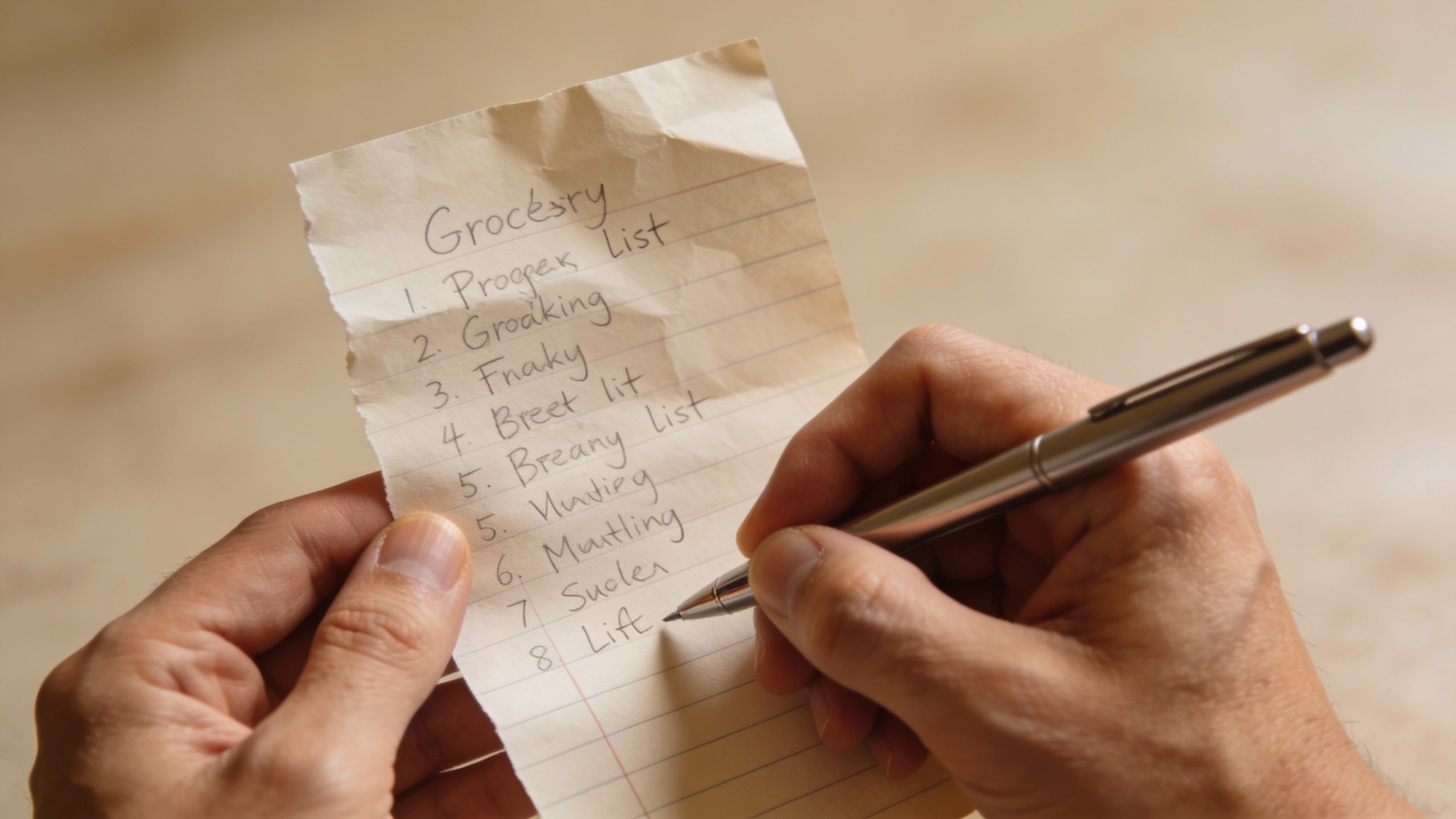 **Hand holding a handwritten grocery list with pen**