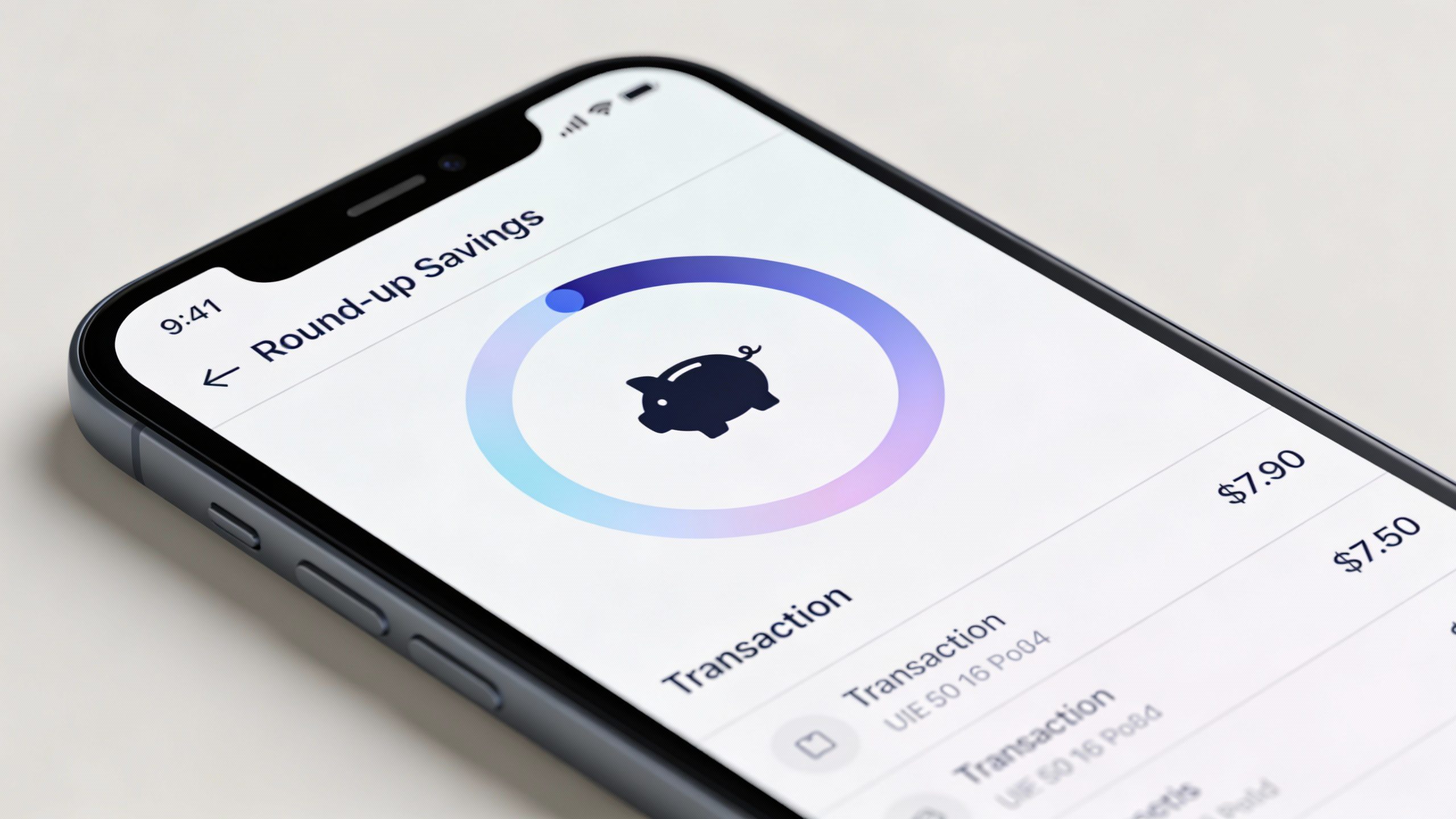 **Closeup of a smartphone screen showing a round-up savings app**