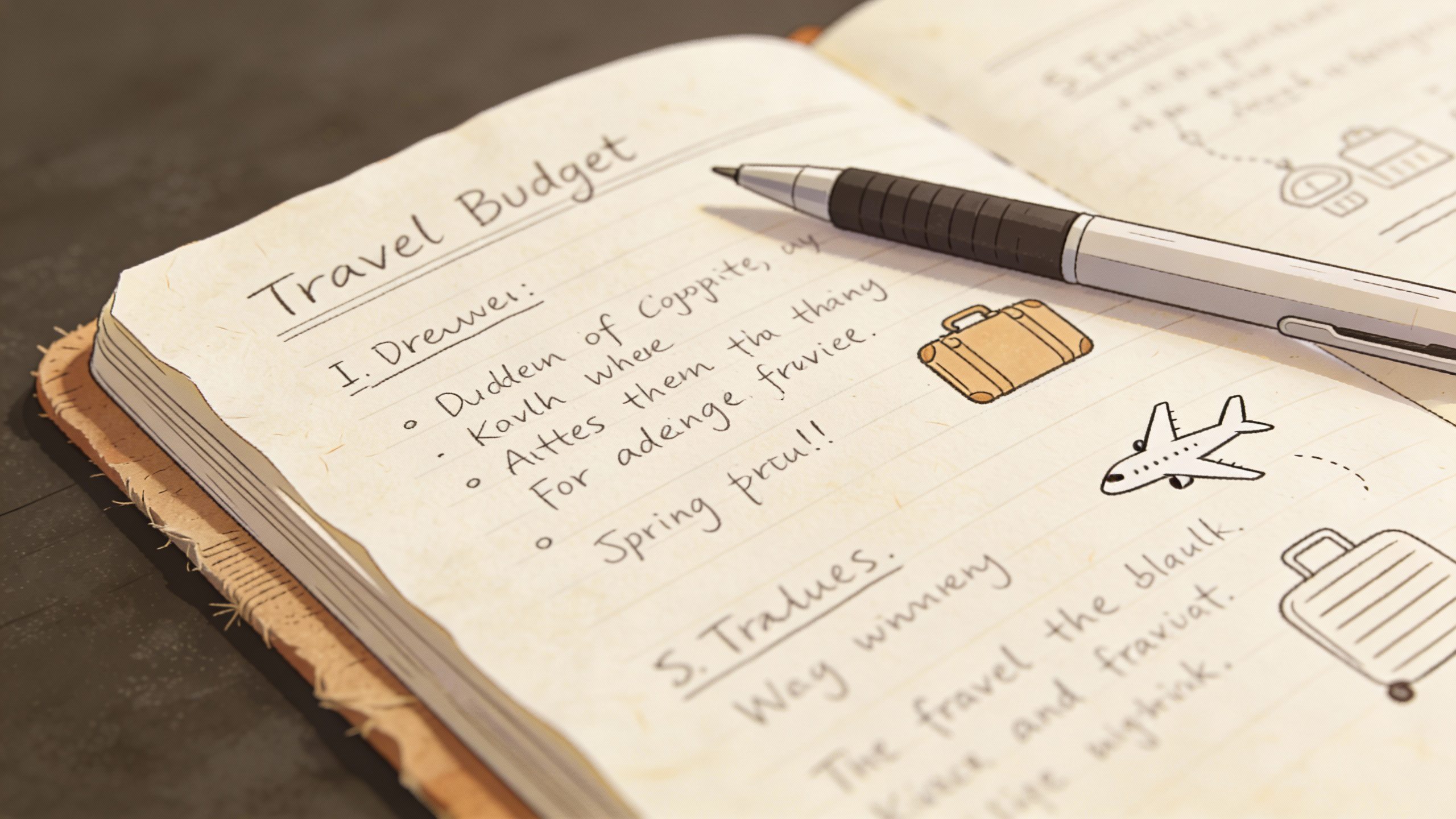 **Single handwritten travel budget notebook with pen**