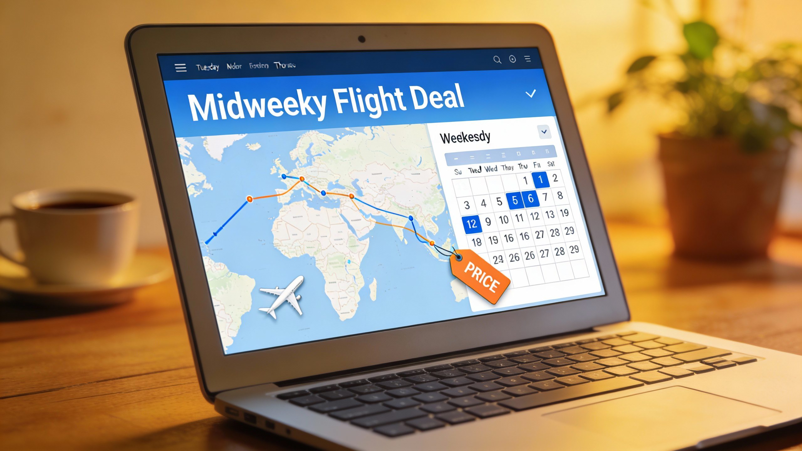 **Closeup of a midweek flight deal on a laptop screen**