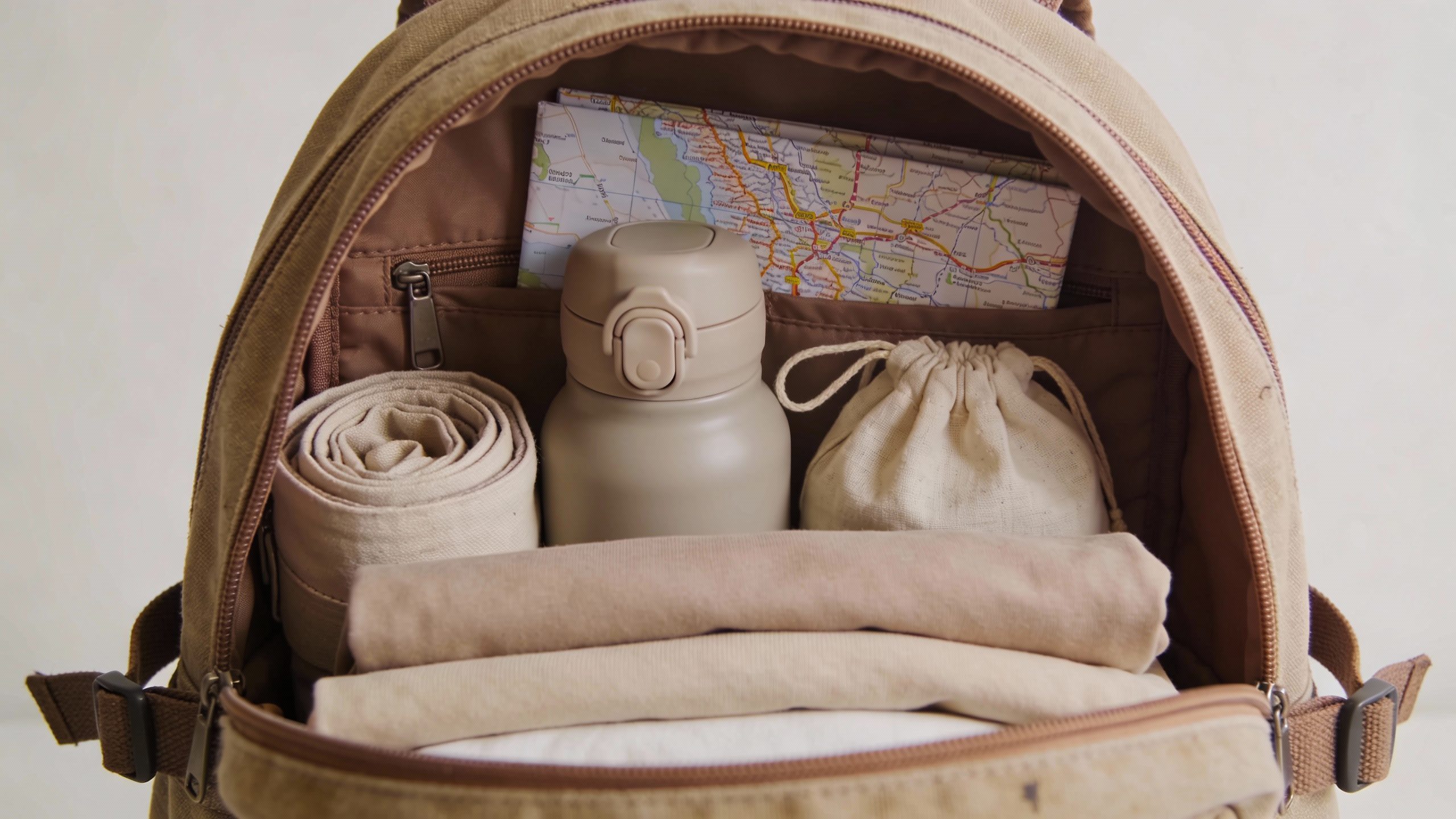 **Backpack with frugal travel essentials neatly packed**